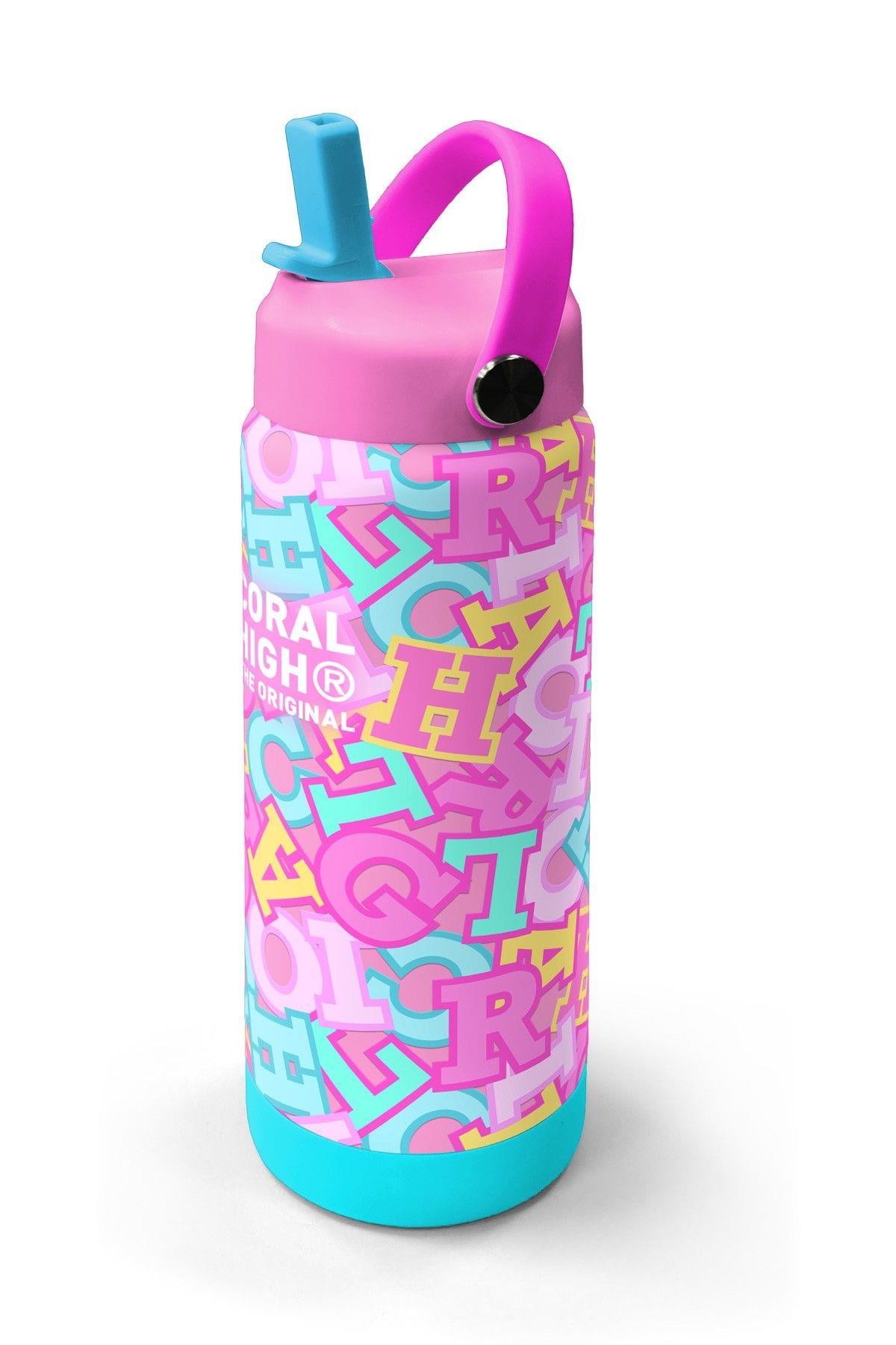 Coral High 650 ml Kız Çocuk Pembe Su Yeşili Harf Baskılı Çelik Suluk/Matara (Pipetli) 38323