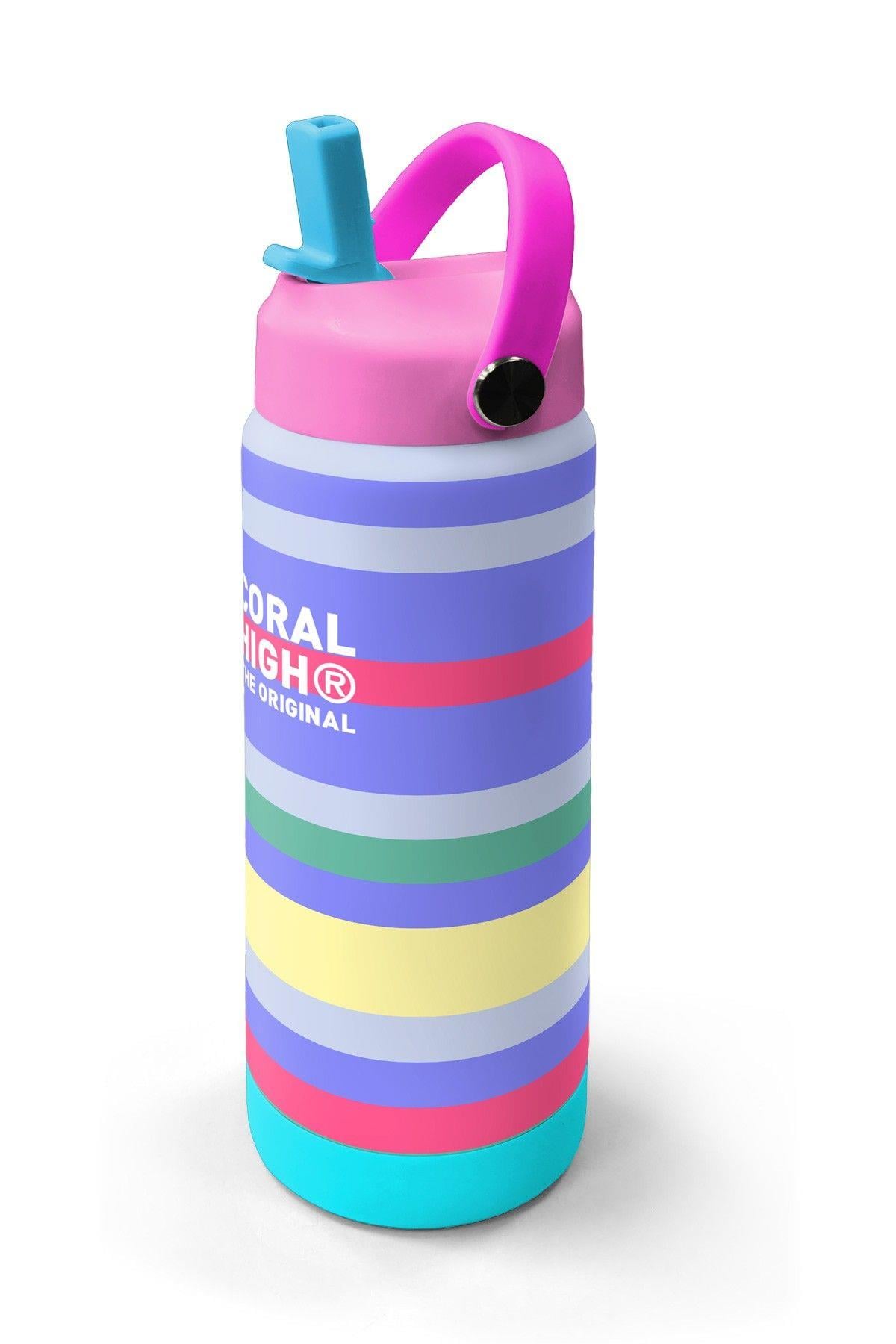Coral High 650 ml Kız Çocuk Renkli Çizgi Desenli Çelik Suluk/Matara (Pipetli) 38302