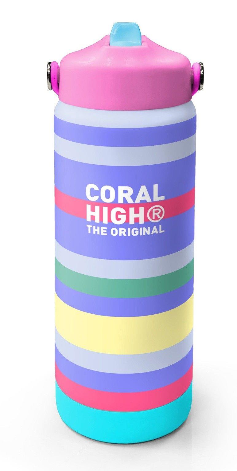 Coral High 650 ml Kız Çocuk Renkli Çizgi Desenli Çelik Suluk/Matara (Pipetli) 38302