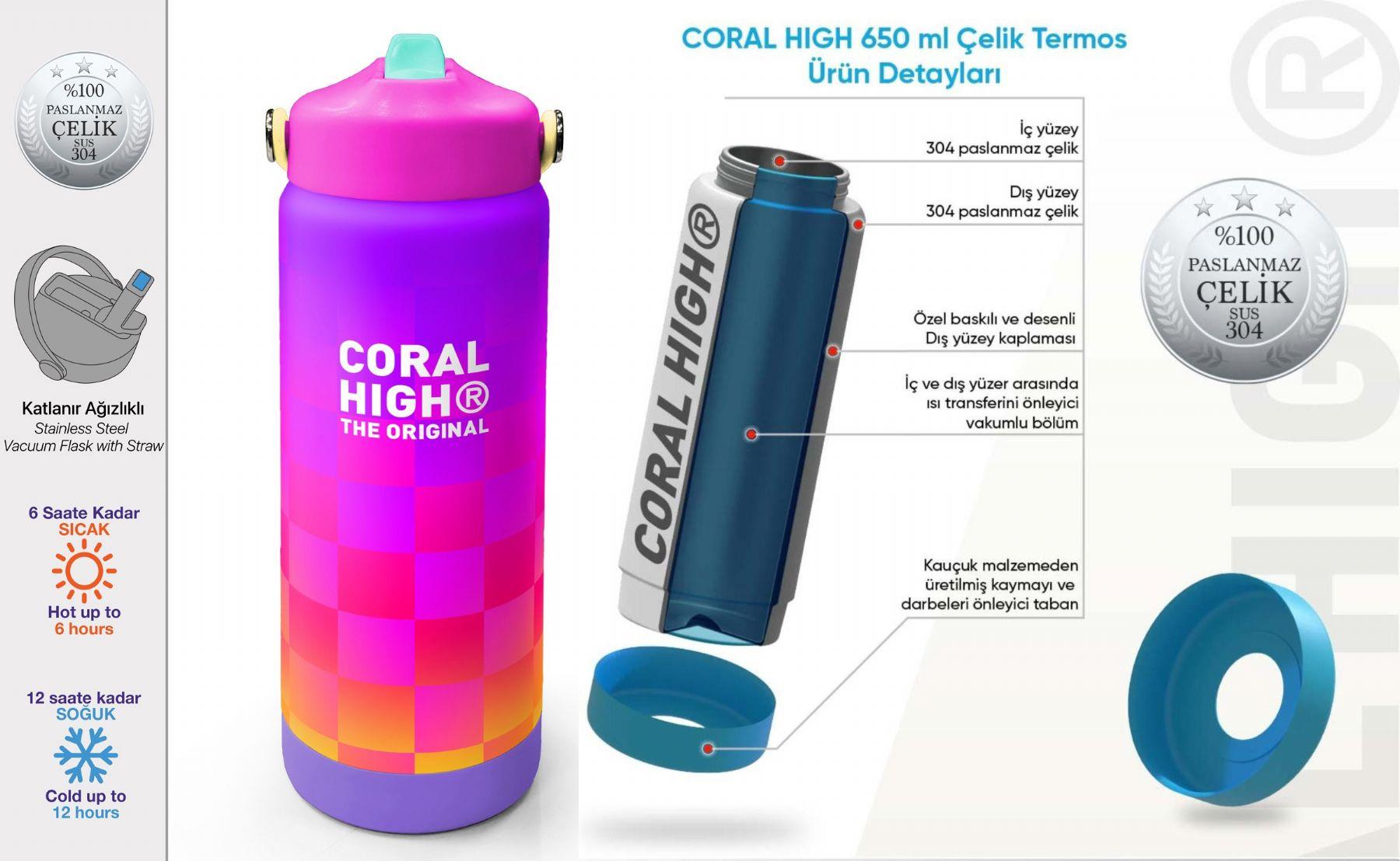 Coral High 650 ml Kız Çocuk Sarı Mor Dama Desenli Çelik Suluk/Matara (Pipetli) 38303
