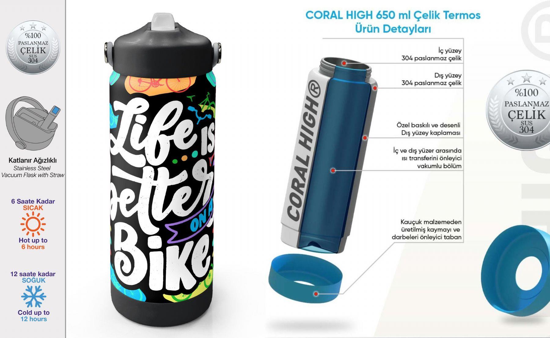 Coral High 650 ml Kız Çocuk Siyah Beyaz Bisiklet Baskılı Çelik Suluk/Matara (Pipetli) 38325