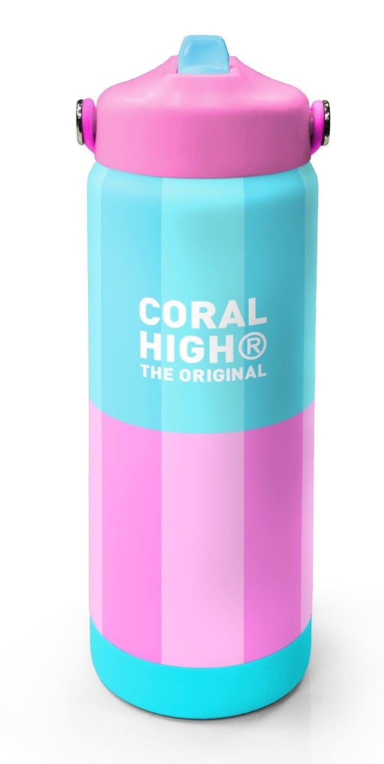 Coral High 650 ml Kız Çocuk Turkuaz Pembe Çizgi Desenli Çelik Suluk/Matara (Pipetli) 38381