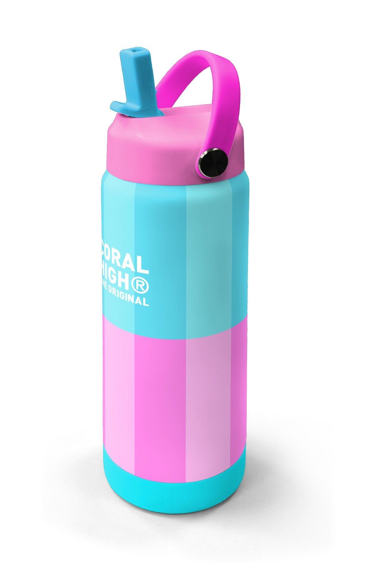 Coral High 650 ml Kız Çocuk Turkuaz Pembe Çizgi Desenli Çelik Suluk/Matara (Pipetli) 38381