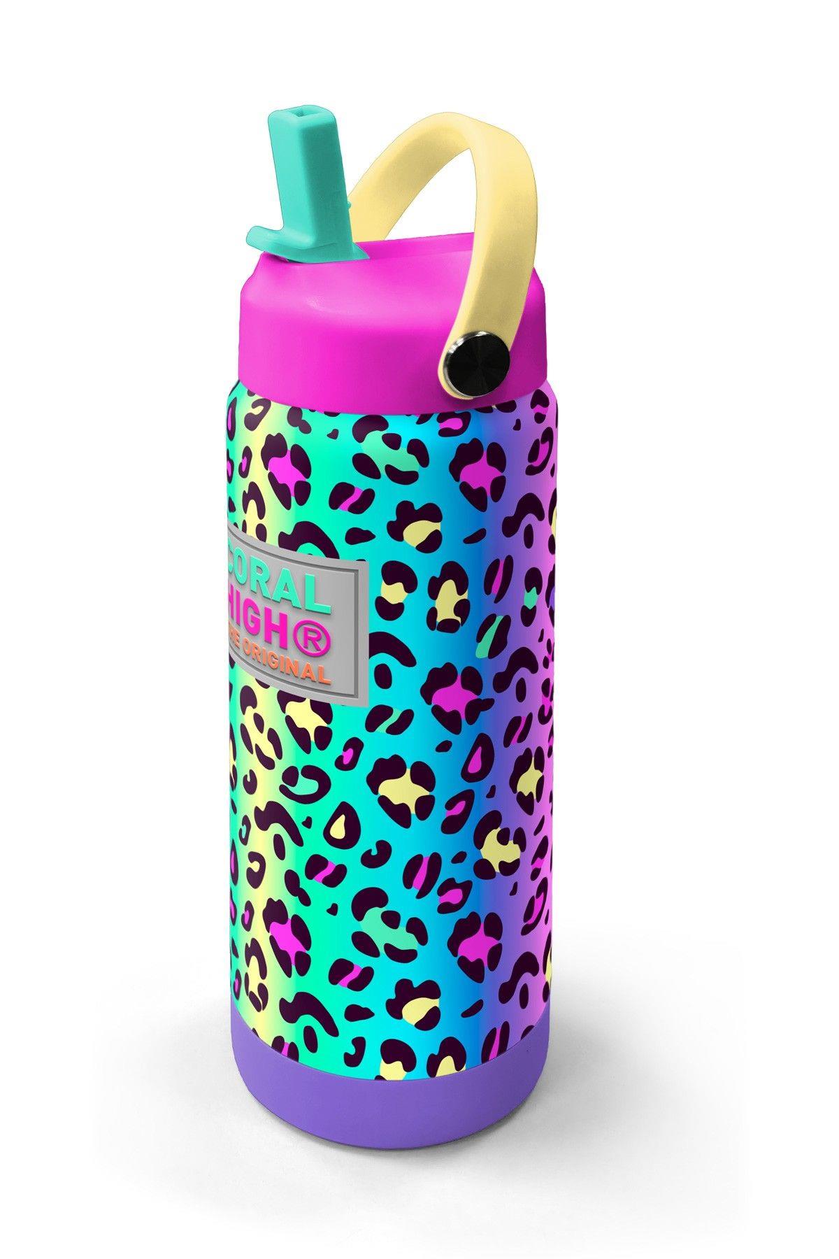 Coral High 650 ml Kız Çocuk Yeşil Mor Leopar Desenli Çelik Suluk/Matara (Pipetli) 38380