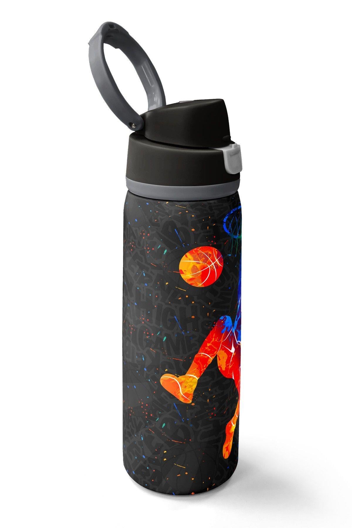 Coral High 800 ml Erkek Çocuk Gri Turuncu Basketbol Desenli Pipetli ve Direkt İçim Çelik Termos/Matara - 38532
