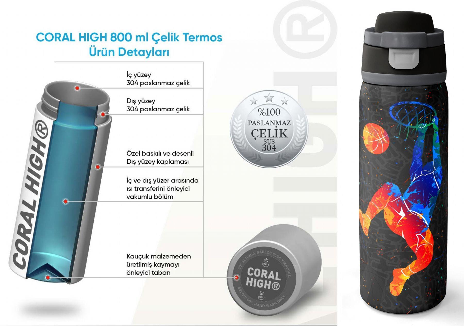 Coral High 800 ml Erkek Çocuk Gri Turuncu Basketbol Desenli Pipetli ve Direkt İçim Çelik Termos/Matara - 38532