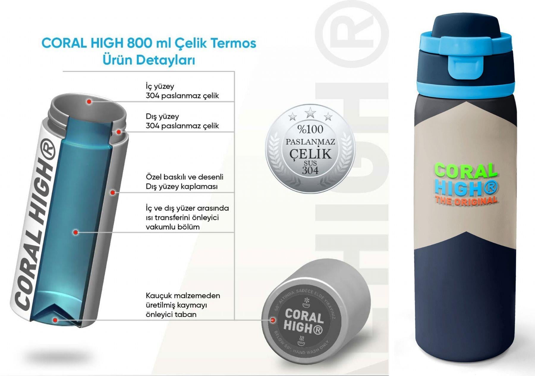 Coral High 800 ml Erkek Çocuk Lacivert Bej Renkli Çizgili Pipetli ve Direkt İçim Çelik Termos/Matara - 38553