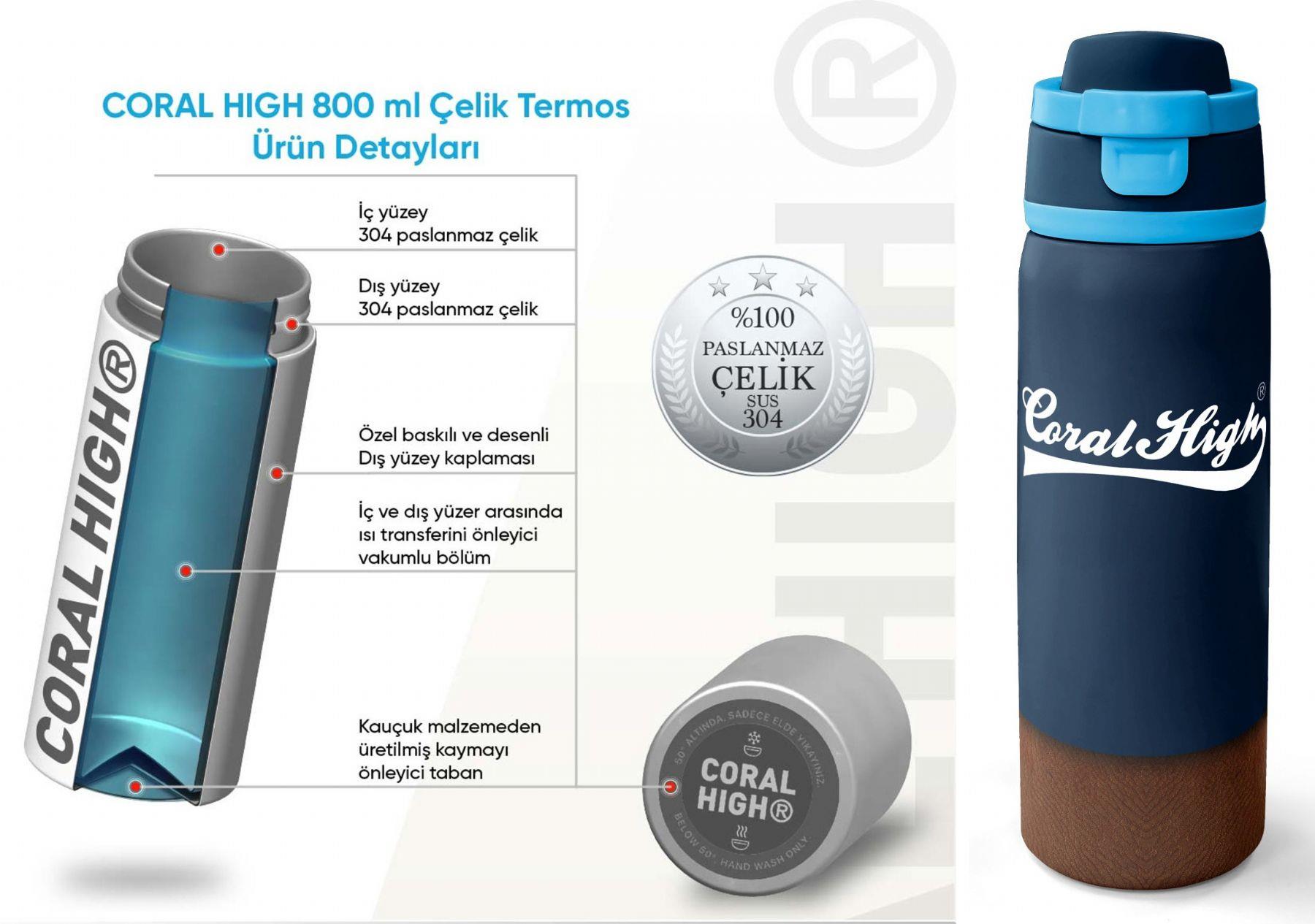 Coral High 800 ml Erkek Çocuk Lacivert Kahverengi Desenli Pipetli ve Direkt İçim Çelik Termos/Matara - 38514