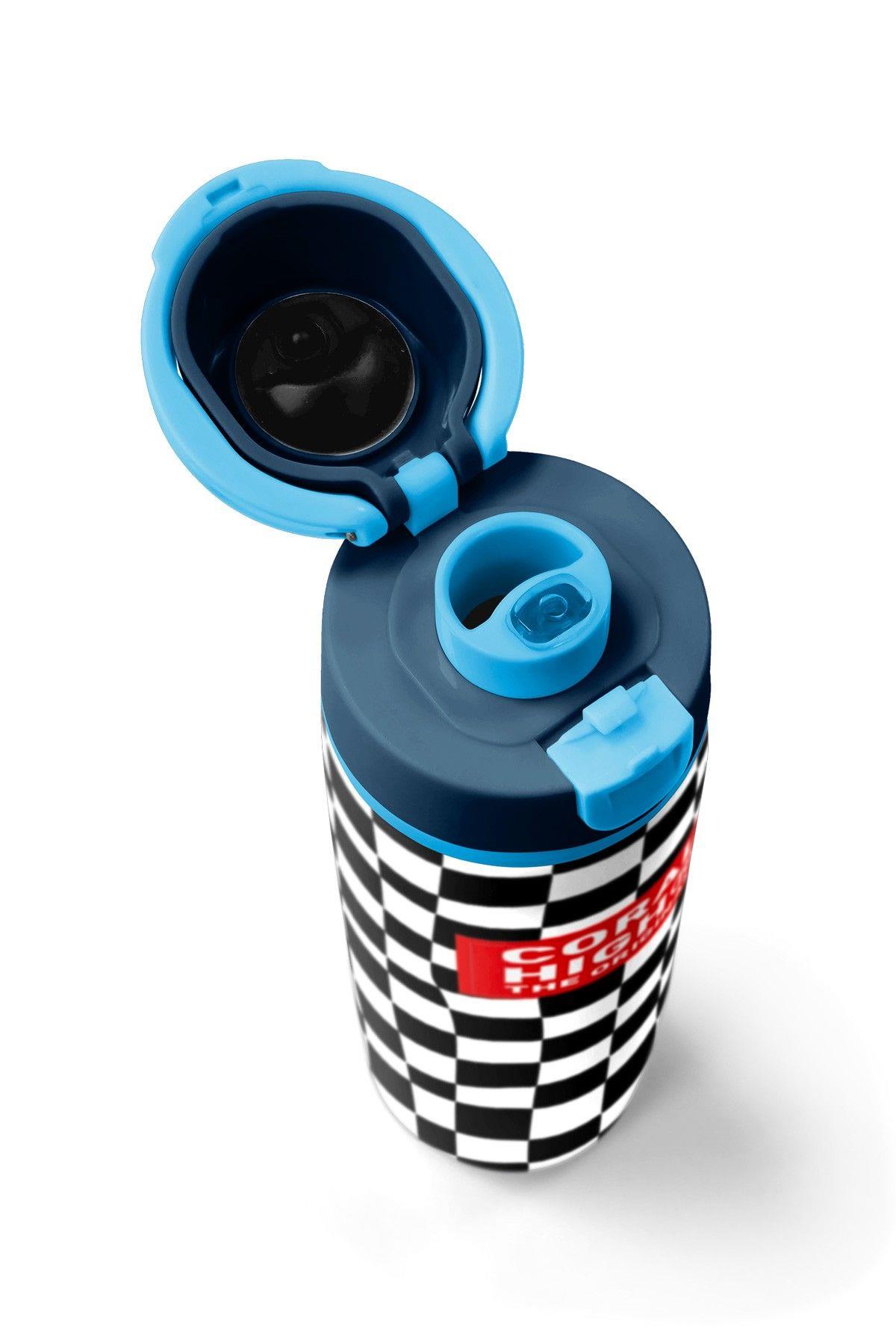 Coral High 800 ml Erkek Çocuk Lacivert Siyah Beyaz Dama Desenli Pipetli ve Direkt İçim Çelik Termos/Matara - 38512