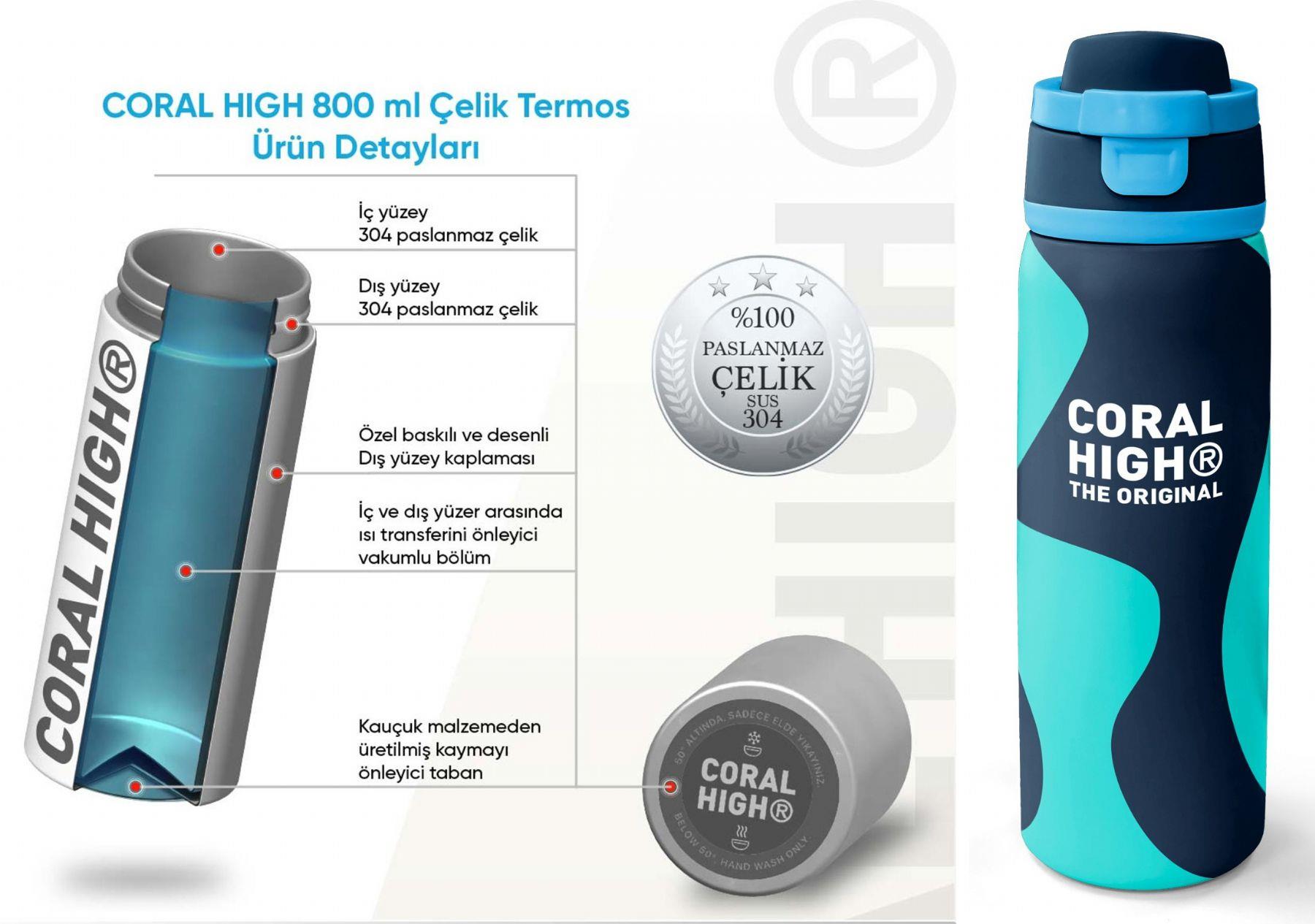 Coral High 800 ml Erkek Çocuk Lacivert Turkuaz Renkli Çizgili Pipetli ve Direkt İçim Çelik Termos/Matara - 38546