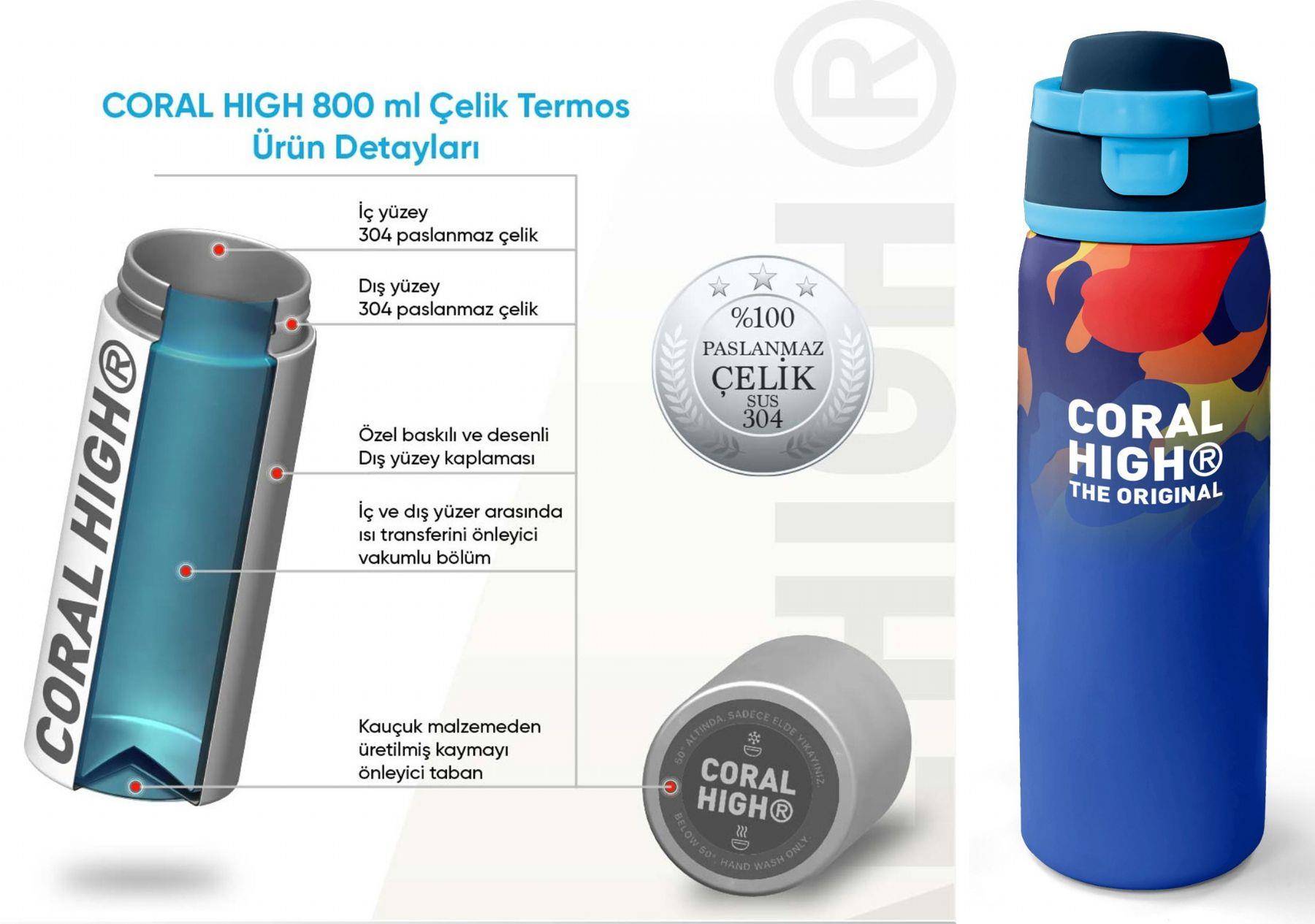 Coral High 800 ml Erkek Çocuk Mavi Çok Renkli Kamuflaj Desenli Pipetli ve Direkt İçim Çelik Termos/Matara - 38517