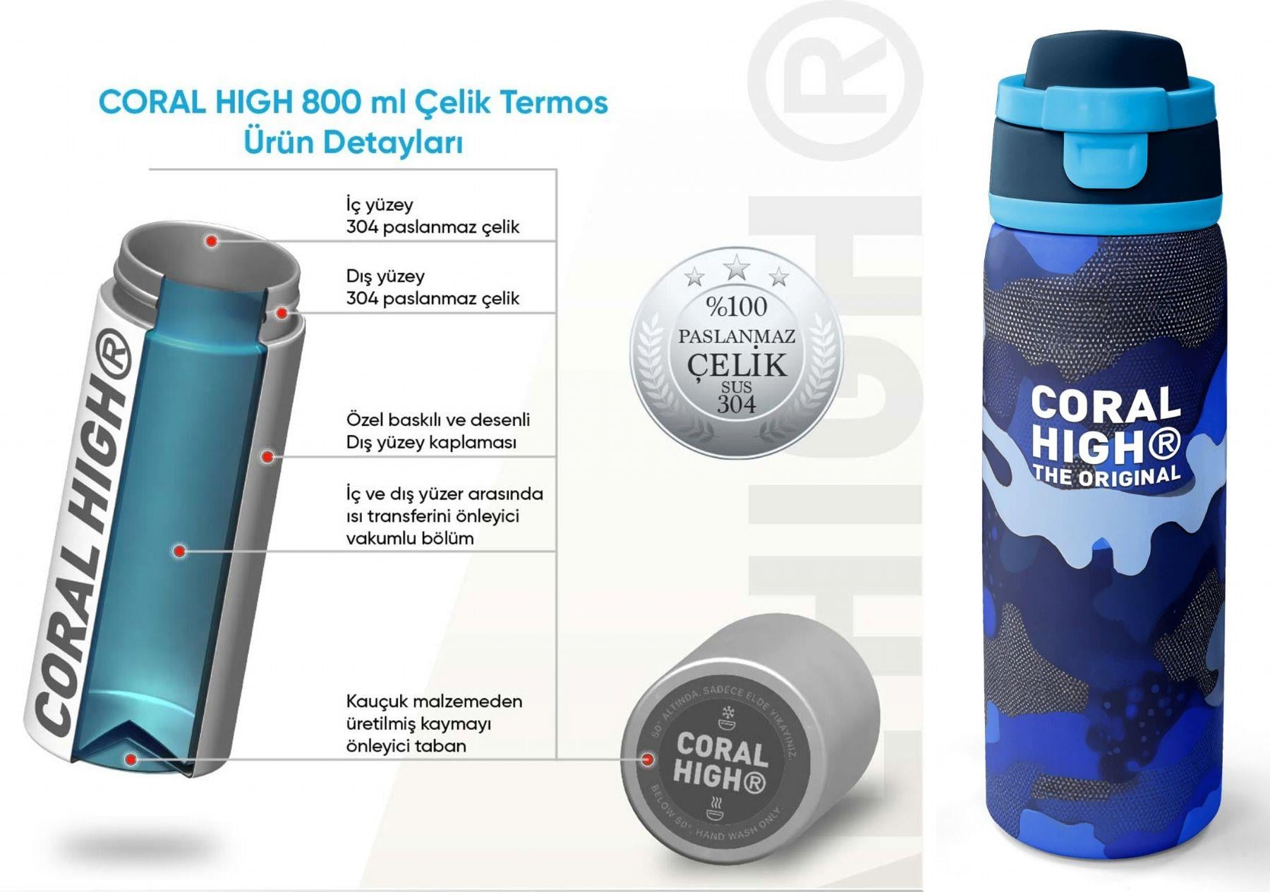 Coral High 800 ml Erkek Çocuk Mavi Lacivert Kamuflaj Desenli Pipetli ve Direkt İçim Çelik Termos/Matara - 38549