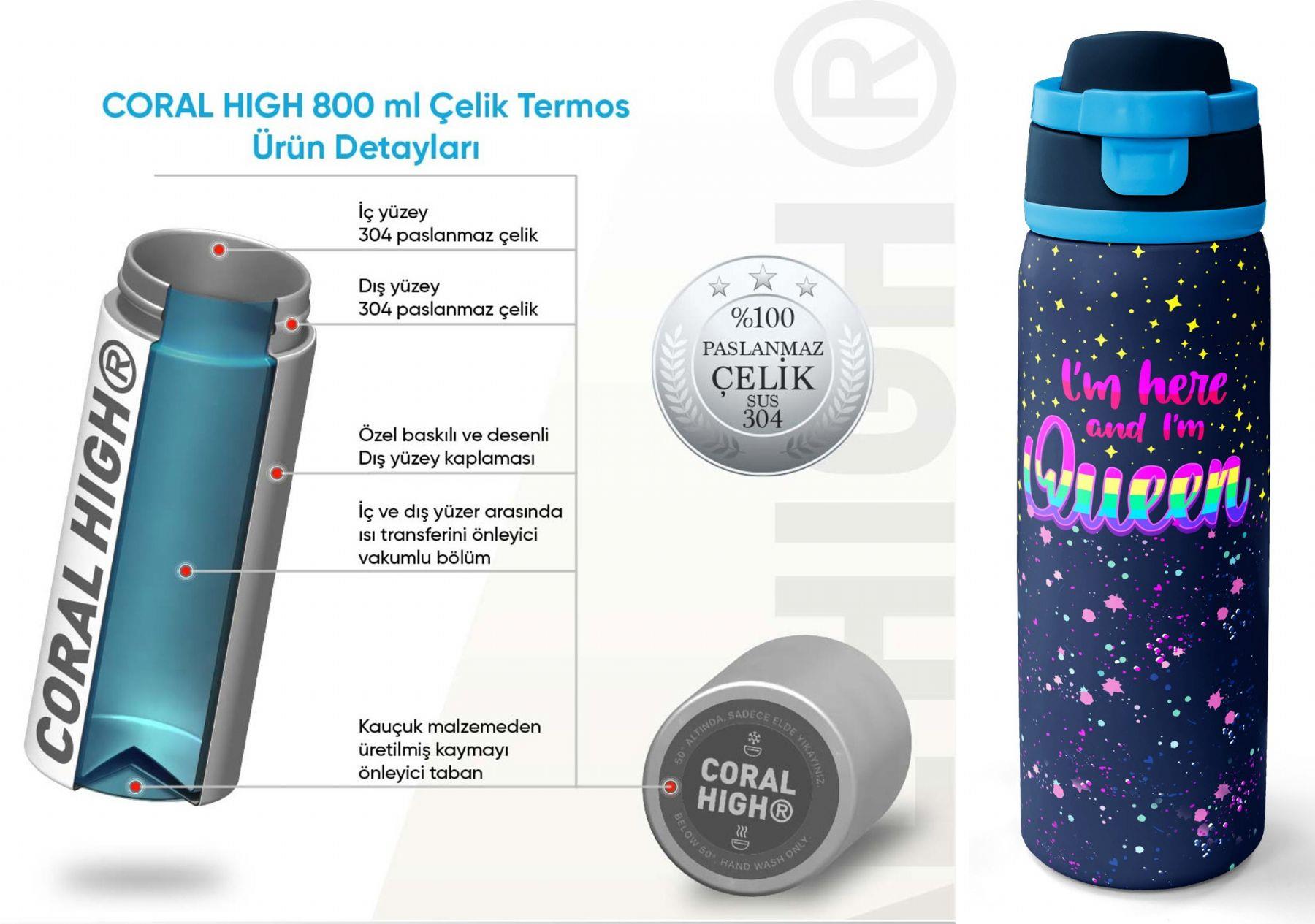 Coral High 800 ml Erkek Çocuk Mor Mavi Baskılı Pipetli ve Direkt İçim Çelik Termos/Matara - 38524