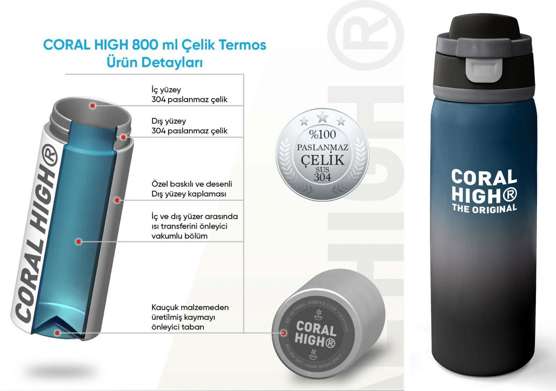 Coral High 800 ml Erkek Çocuk Nefti Gri Renk Geçişli Pipetli ve Direkt İçim Çelik Termos/Matara - 38531