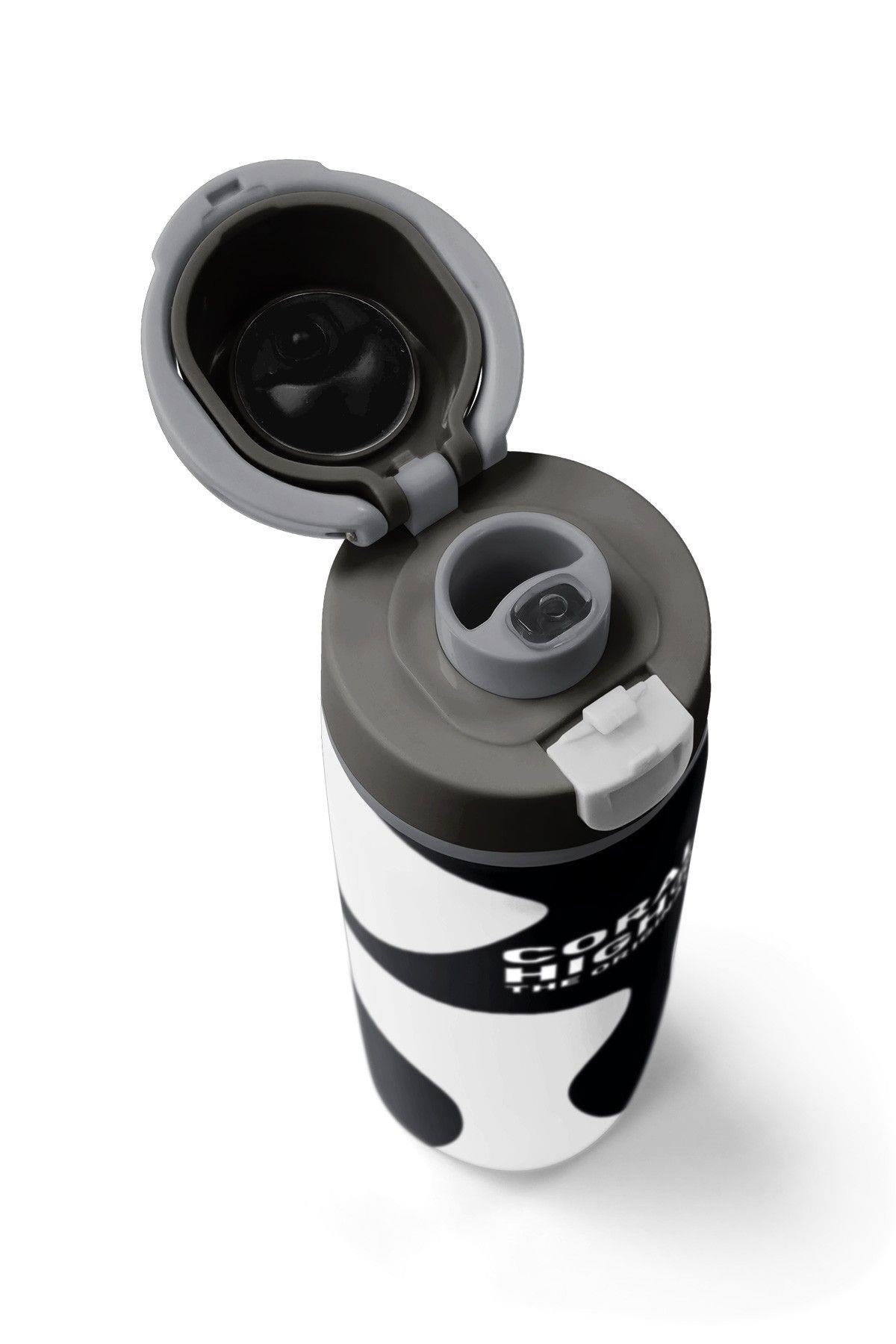 Coral High 800 ml Erkek Çocuk Renkli Çizgili Siyah Beyaz Pipetli ve Direkt İçim Çelik Termos/Matara - 38547