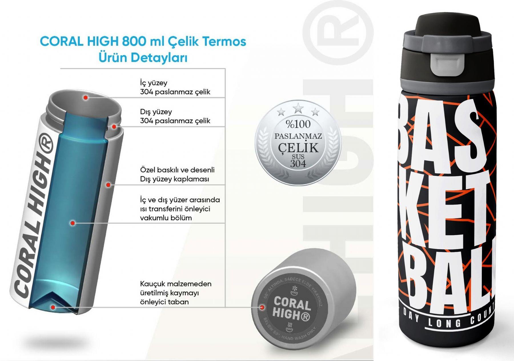 Coral High 800 ml Erkek Çocuk Siyah Basketbol Baskılı Pipetli ve Direkt İçim Çelik Termos/Matara - 38528