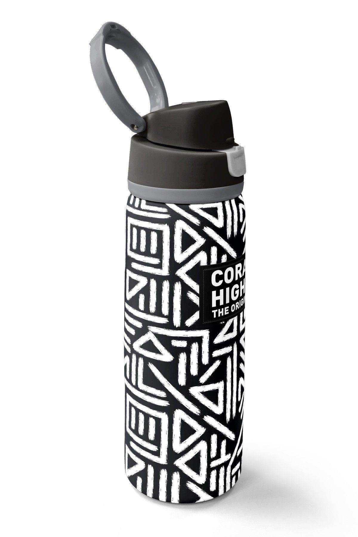 Coral High 800 ml Erkek Çocuk Siyah Beyaz Geometrik Şekiller Pipetli ve Direkt İçim Çelik Termos/Matara - 38542