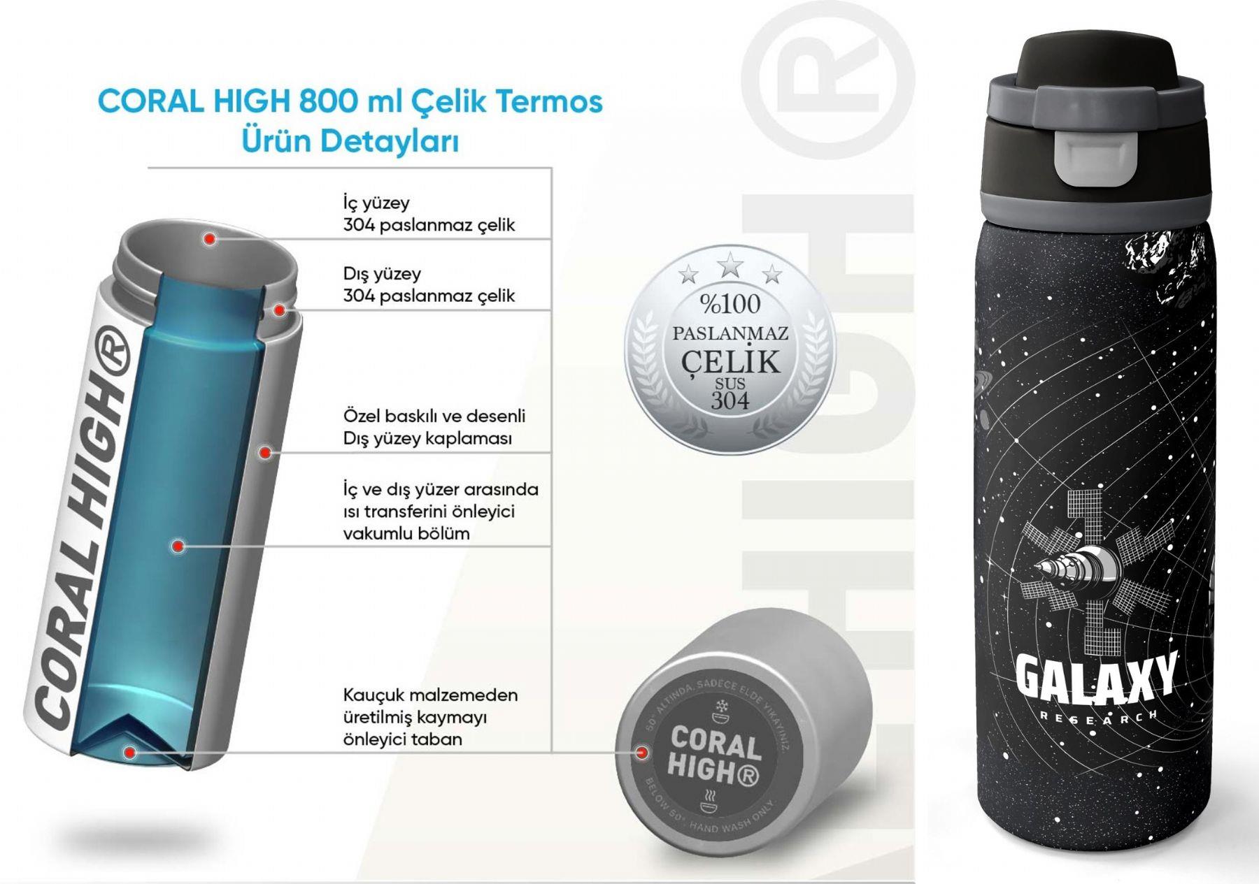Coral High 800 ml Erkek Çocuk Siyah Beyaz Galaxy Desenli Pipetli ve Direkt İçim Çelik Termos/Matara - 38533