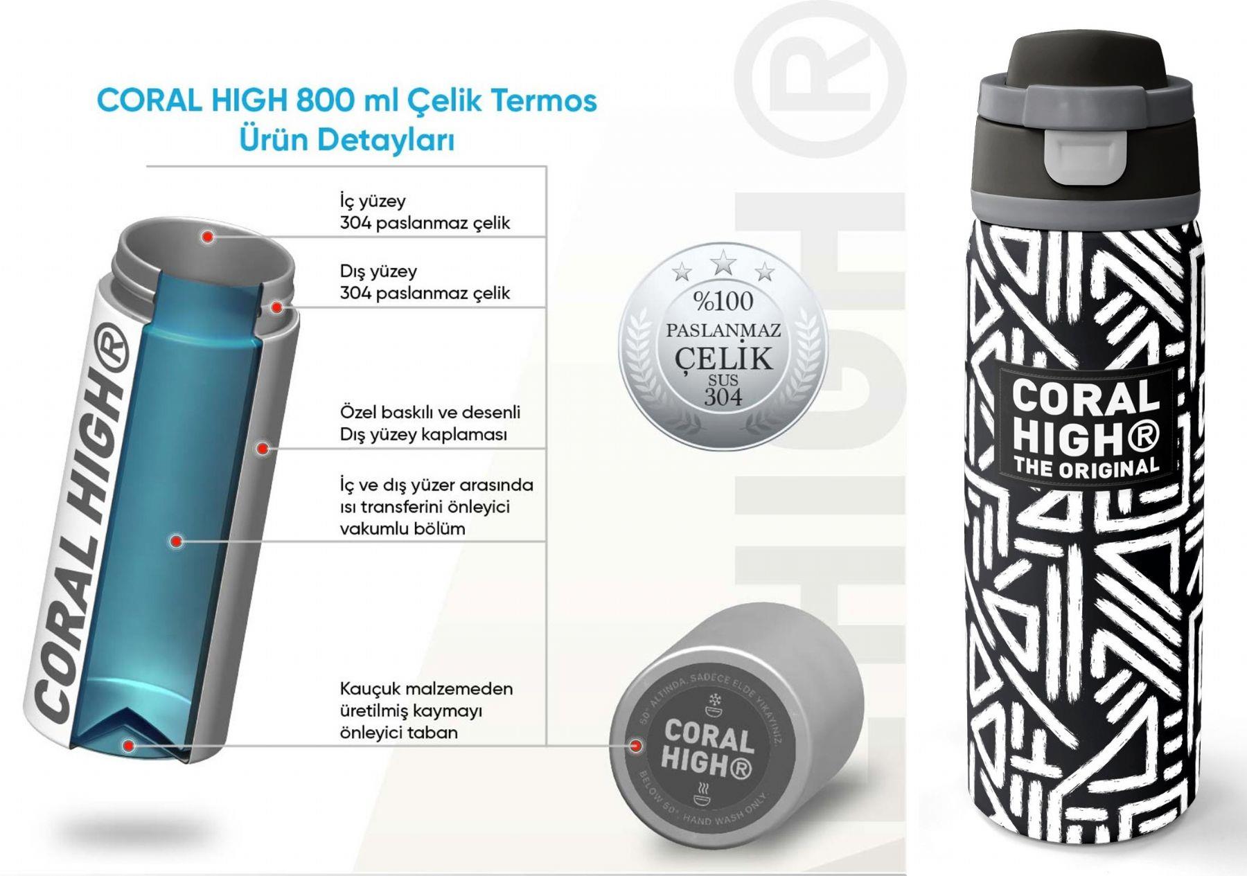 Coral High 800 ml Erkek Çocuk Siyah Beyaz Geometrik Şekiller Pipetli ve Direkt İçim Çelik Termos/Matara - 38542