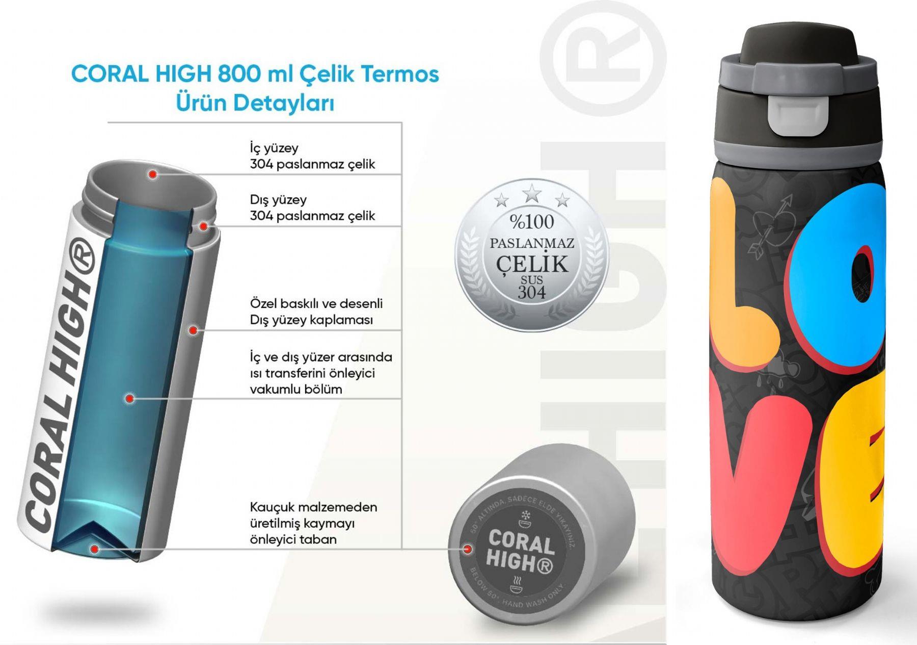 Coral High 800 ml Erkek Çocuk Siyah Çok Renkli Love Baskılı Pipetli ve Direkt İçim Çelik Termos/Matara - 38508