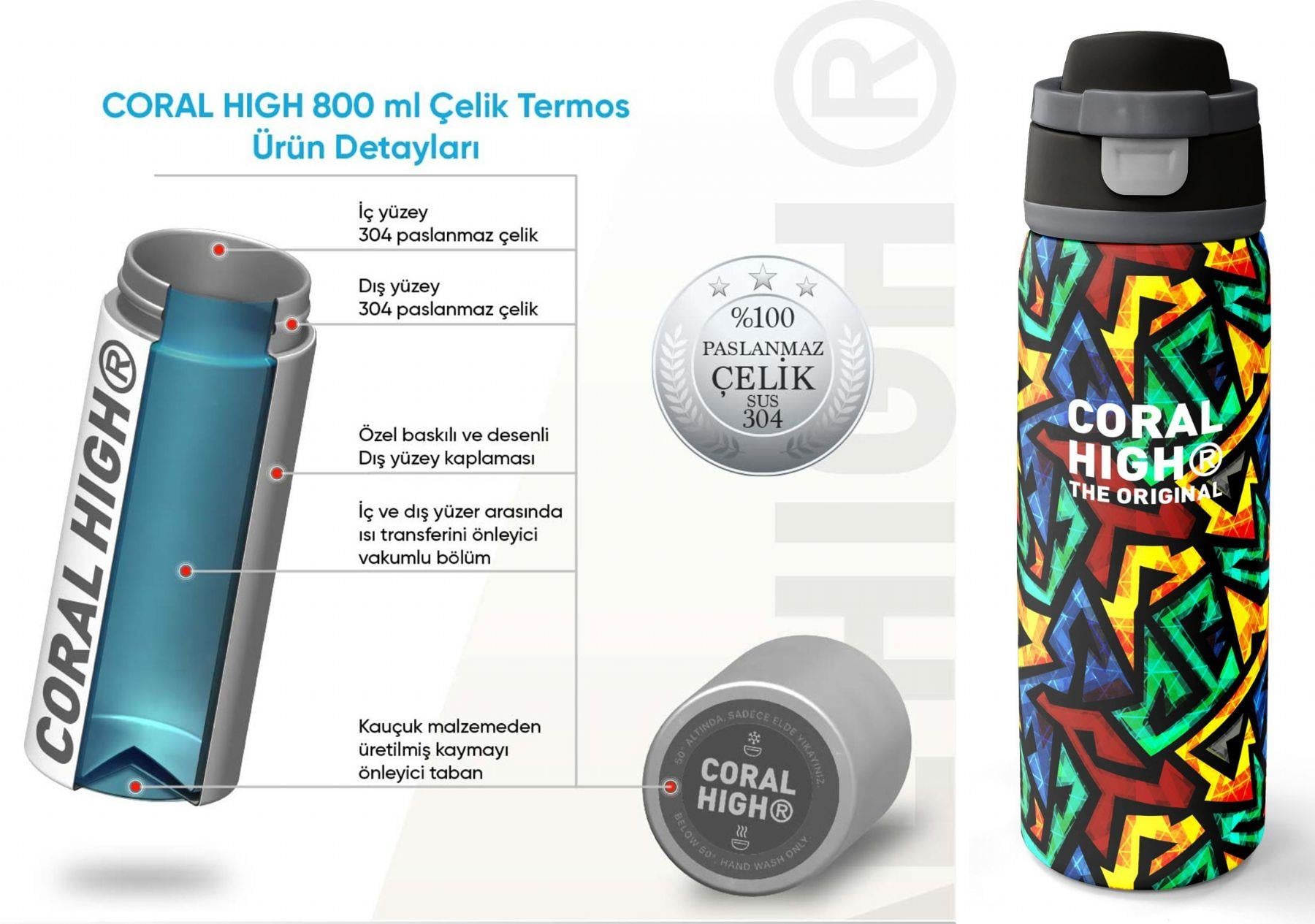 Coral High 800 ml Erkek Çocuk Siyah Grafiti Desenli Pipetli ve Direkt İçim Çelik Termos/Matara - 38522