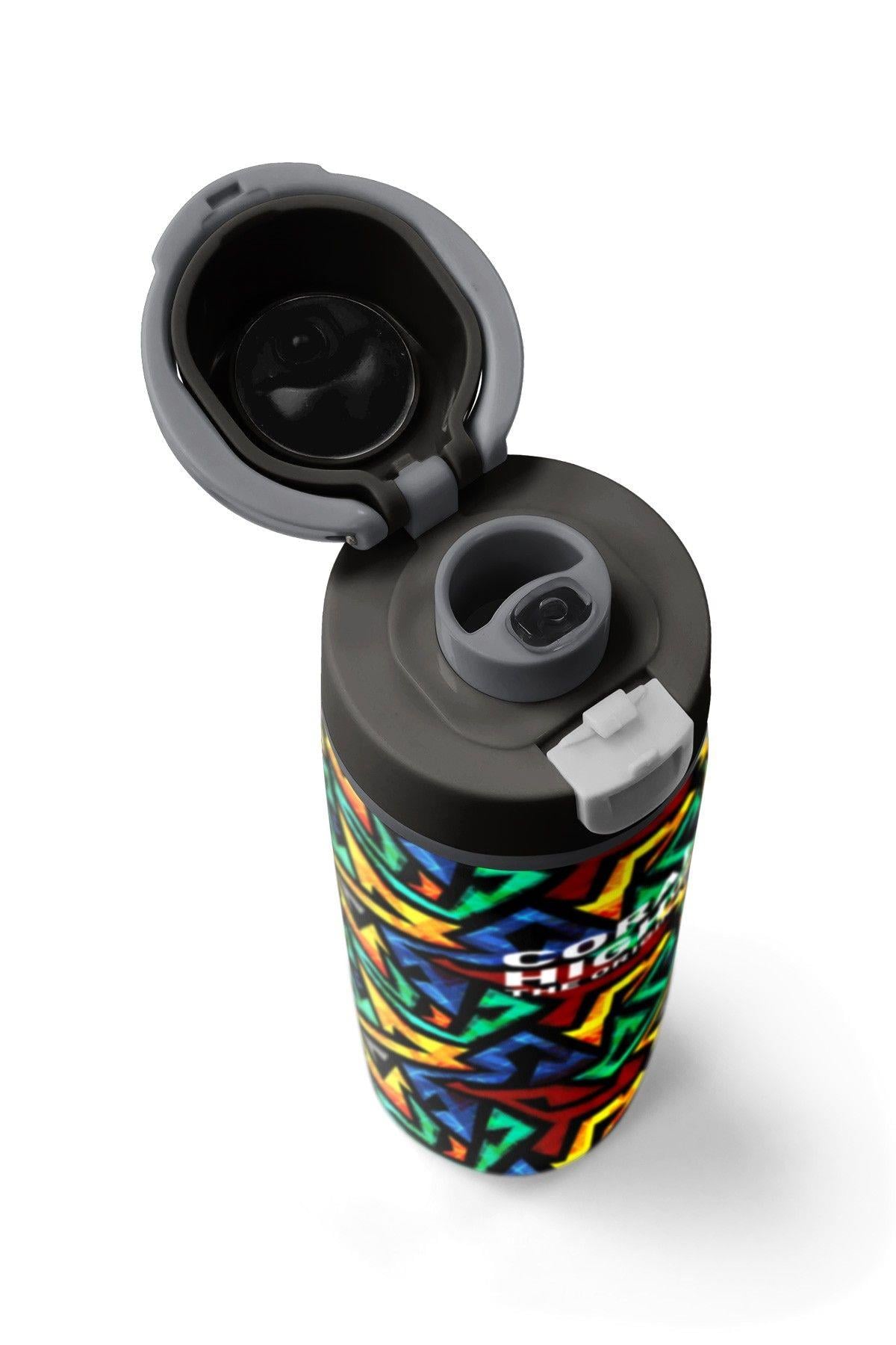 Coral High 800 ml Erkek Çocuk Siyah Grafiti Desenli Pipetli ve Direkt İçim Çelik Termos/Matara - 38522