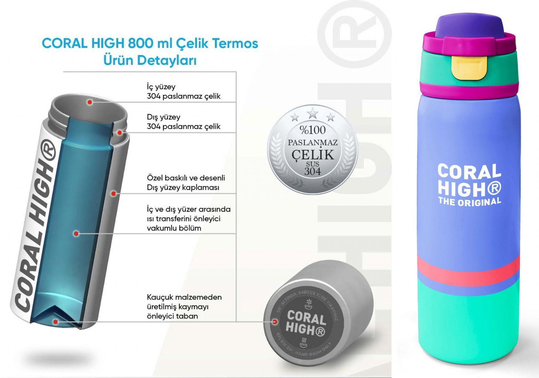 Coral High 800 ml Kız Çocuk Derin Mavi Renkli Pipetli ve Direkt İçim Çelik Termos/Matara - 38530