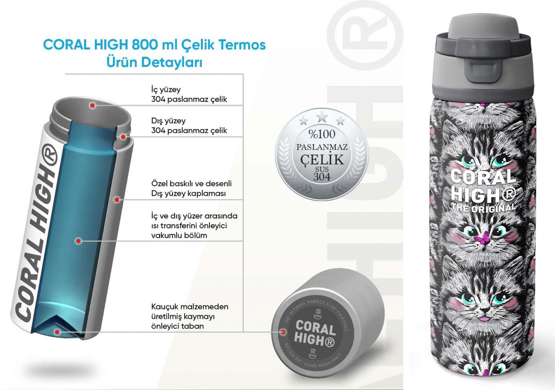 Coral High 800 ml Kız Çocuk Gri Kedi Desenli Pipetli ve Direkt İçim Çelik Termos/Matara - 38527
