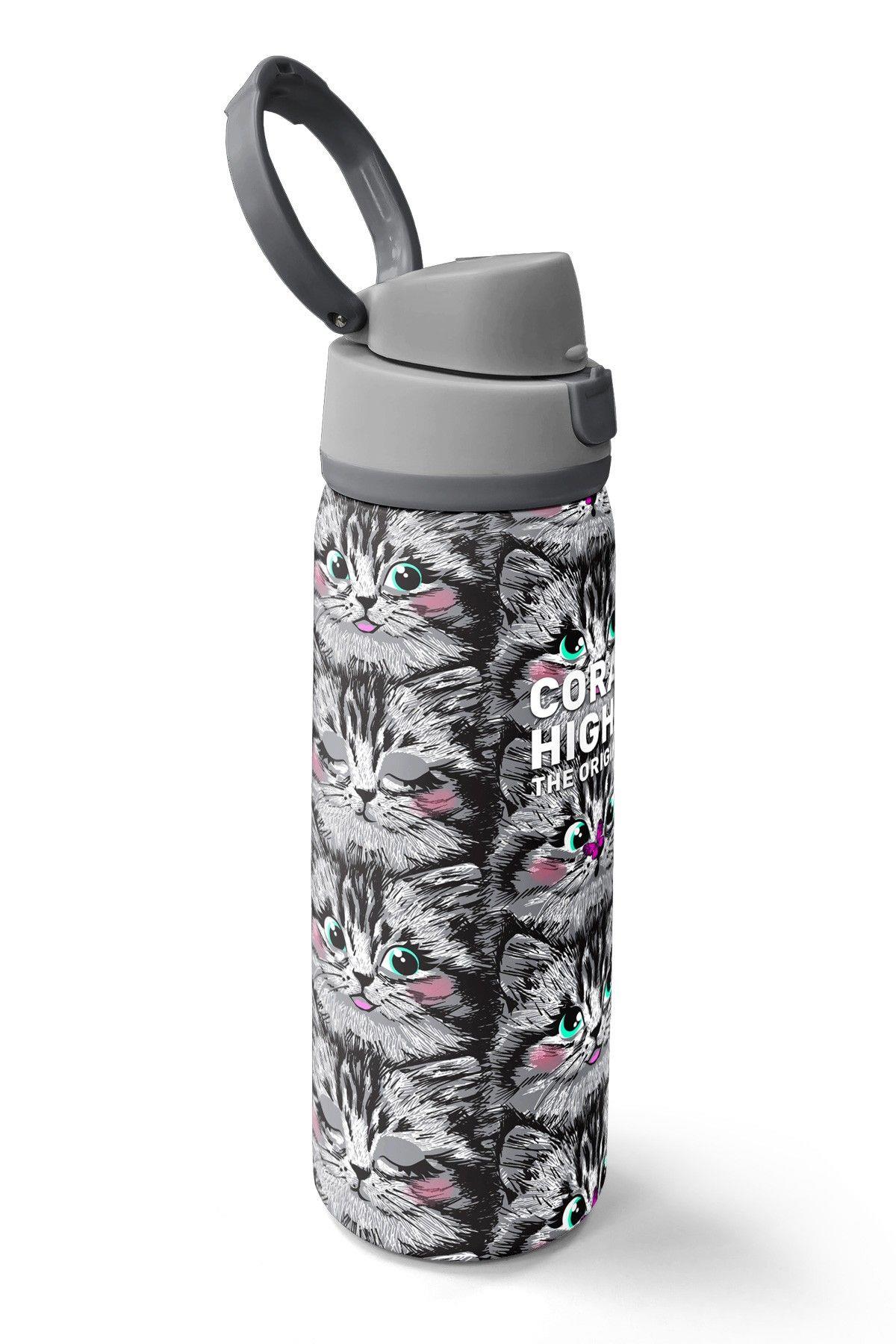 Coral High 800 ml Kız Çocuk Gri Kedi Desenli Pipetli ve Direkt İçim Çelik Termos/Matara - 38527