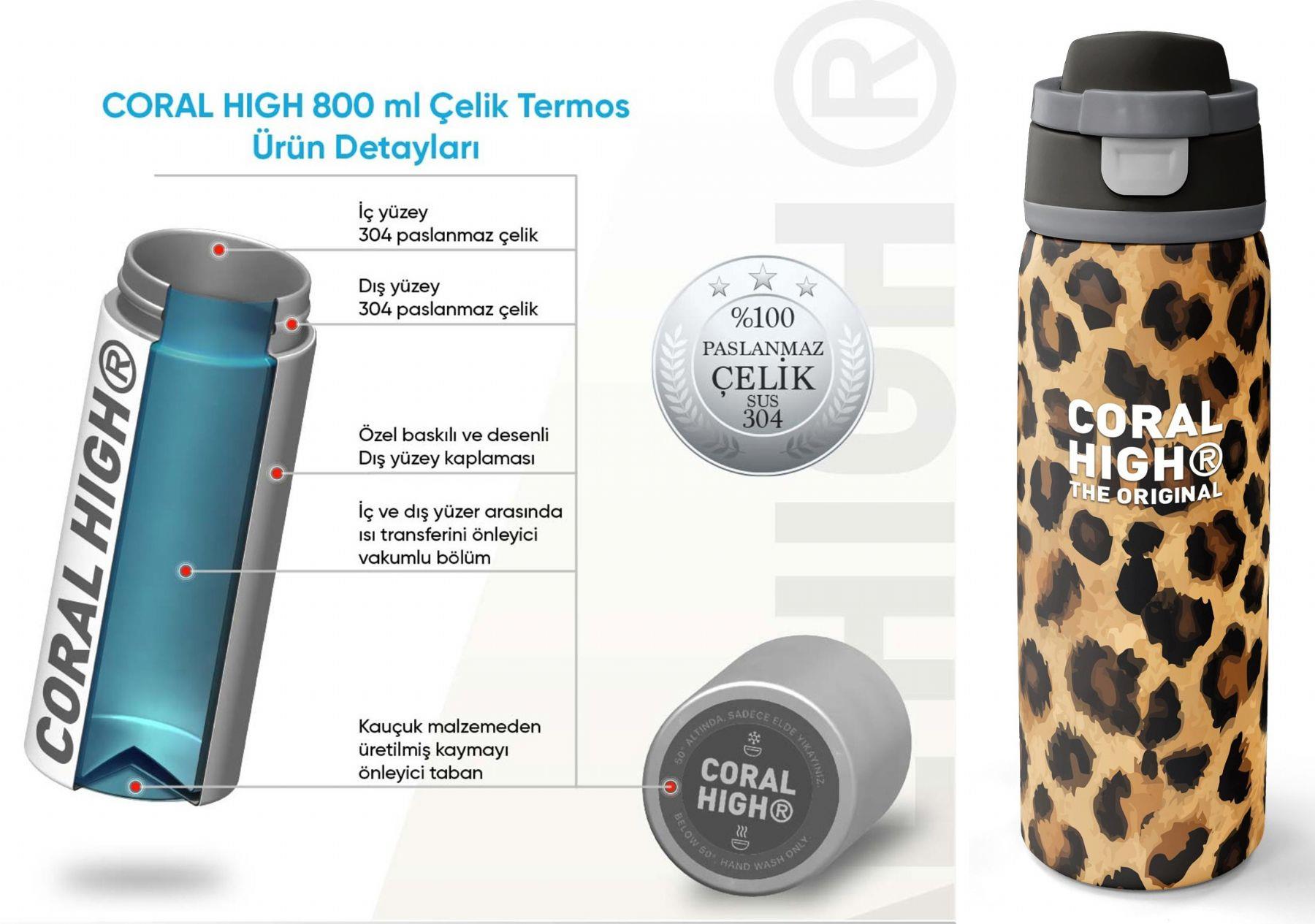 Coral High 800 ml Kız Çocuk Kahverengi Leopar Baskılı Pipetli ve Direkt İçim Çelik Termos/Matara - 38541
