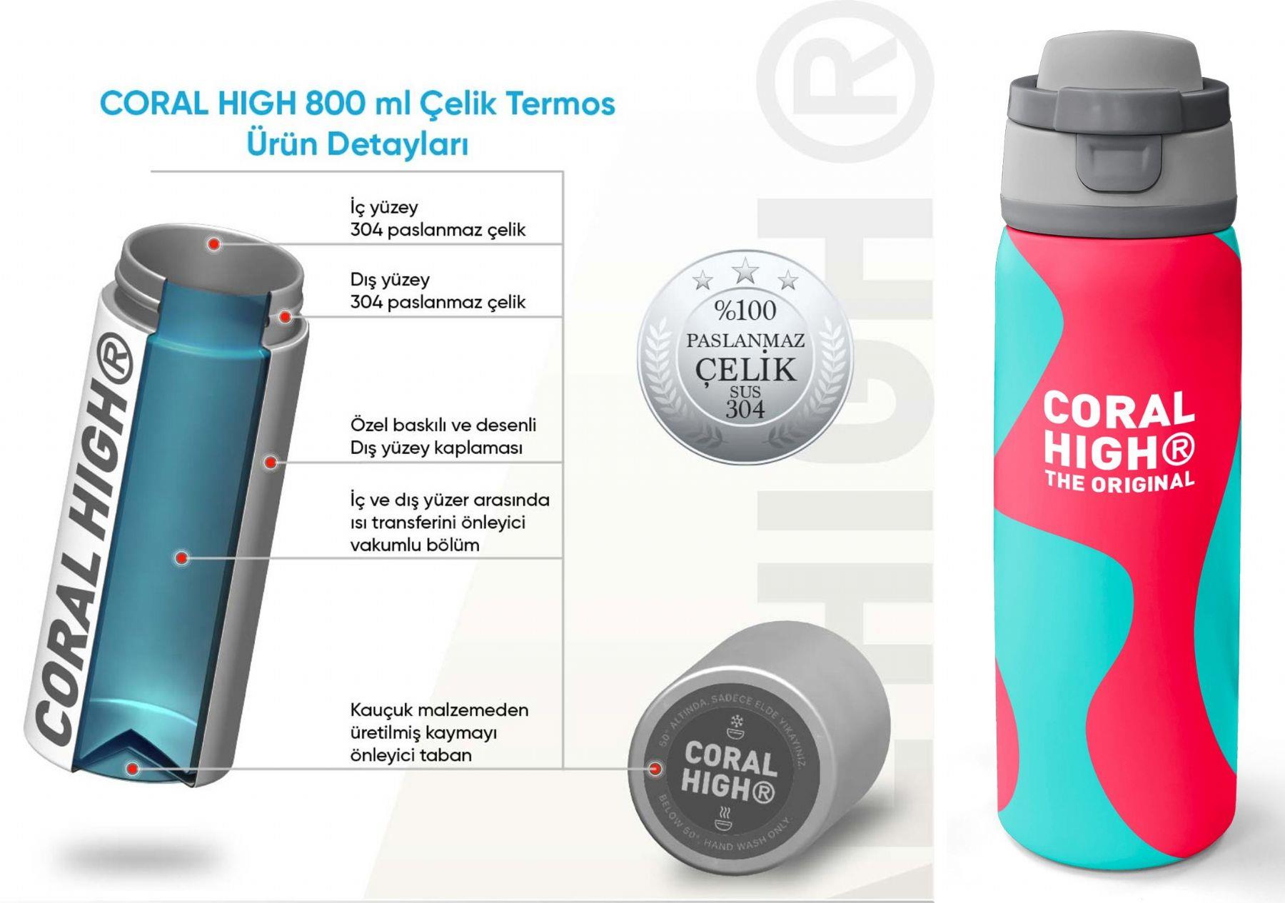 Coral High 800 ml Kız Çocuk Kırmızı Turkuaz Renkli Çizgili Pipetli ve Direkt İçim Çelik Termos/Matara - 38545