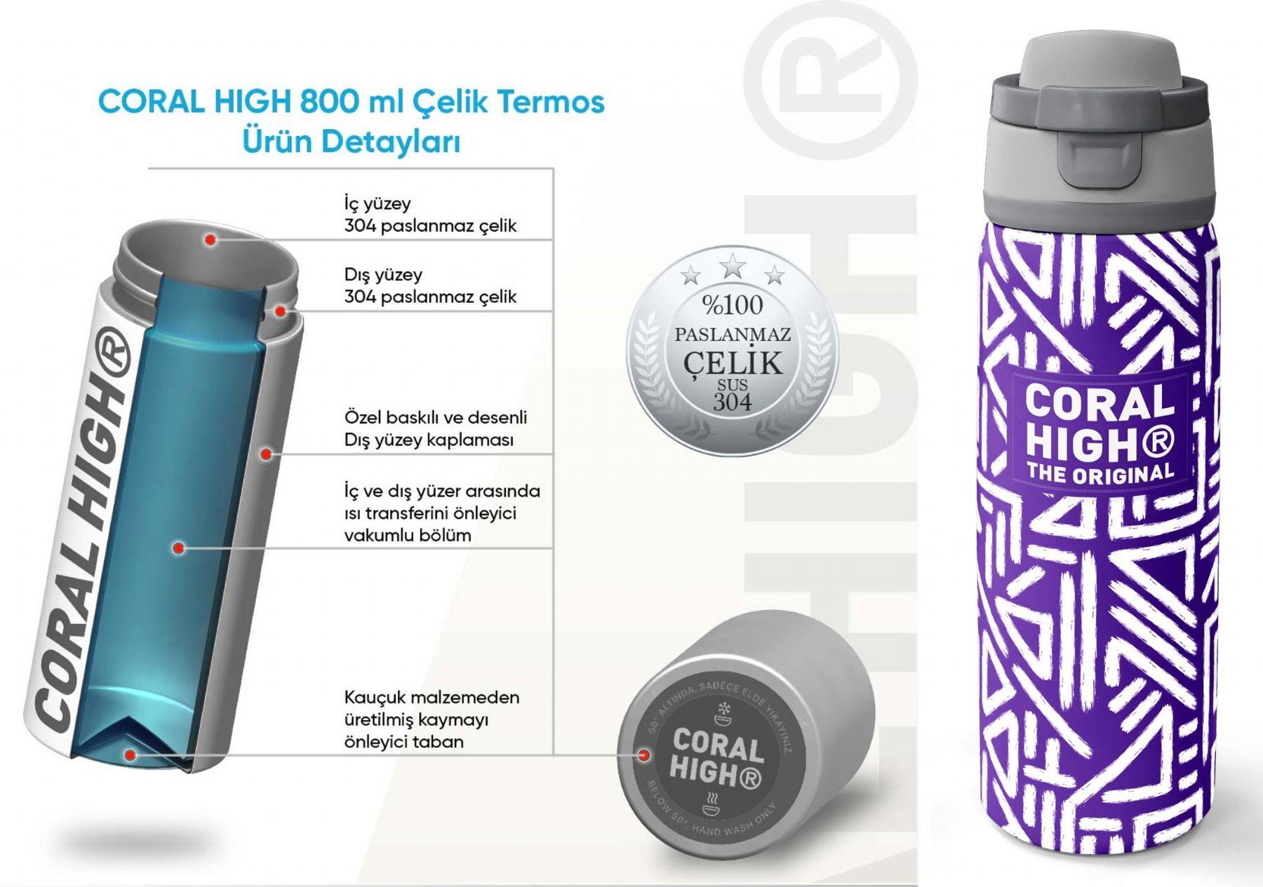 Coral High 800 ml Kız Çocuk Mor Beyaz Geometrik Şekiller Pipetli ve Direkt İçim Çelik Termos/Matara - 38543