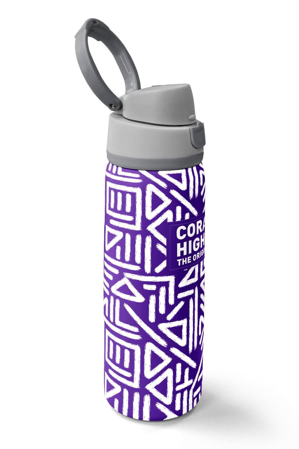 Coral High 800 ml Kız Çocuk Mor Beyaz Geometrik Şekiller Pipetli ve Direkt İçim Çelik Termos/Matara - 38543