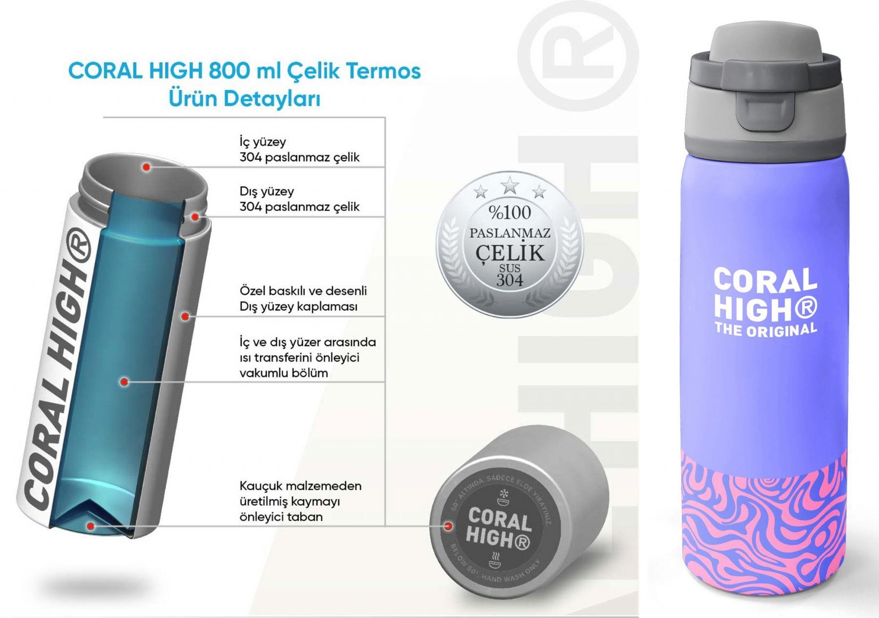 Coral High 800 ml Kız Çocuk Mor Dalga Desenli Pipetli ve Direkt İçim Çelik Termos/Matara - 38505