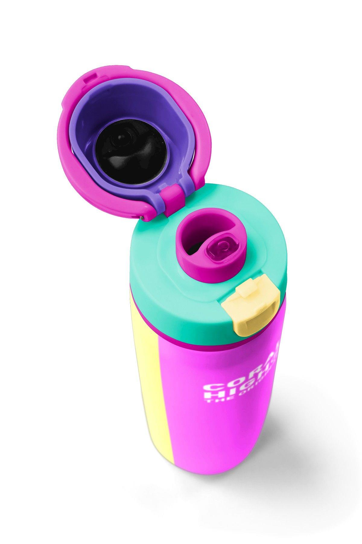 Coral High 800 ml Kız Çocuk Mor Yeşil Pembe Çok Renkli Pipetli ve Direkt İçim Çelik Termos/Matara - 38537
