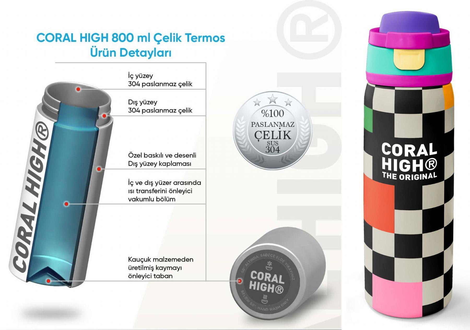 Coral High 800 ml Kız Çocuk Siyah Beyaz Dama Desenli Pipetli ve Direkt İçim Çelik Termos/Matara - 38504