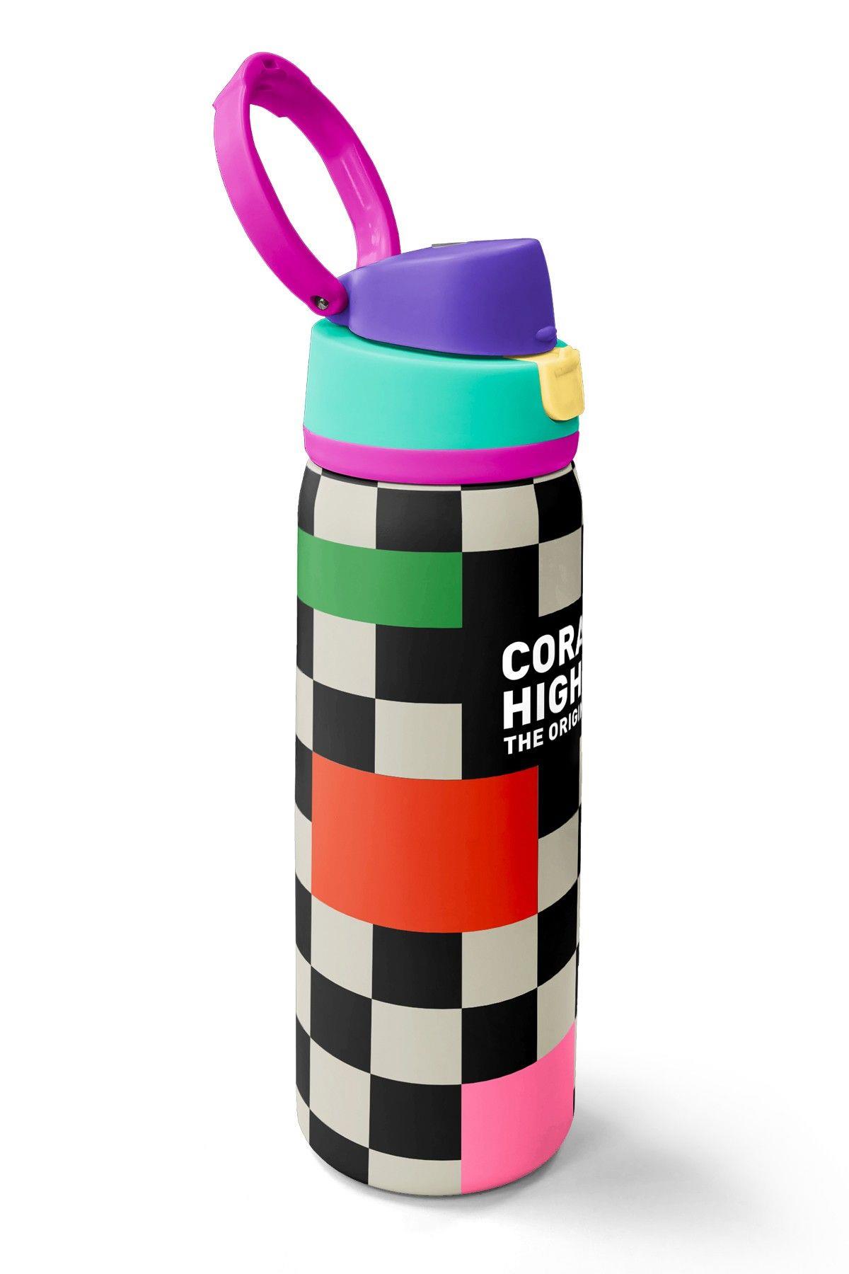 Coral High 800 ml Kız Çocuk Siyah Beyaz Dama Desenli Pipetli ve Direkt İçim Çelik Termos/Matara - 38504