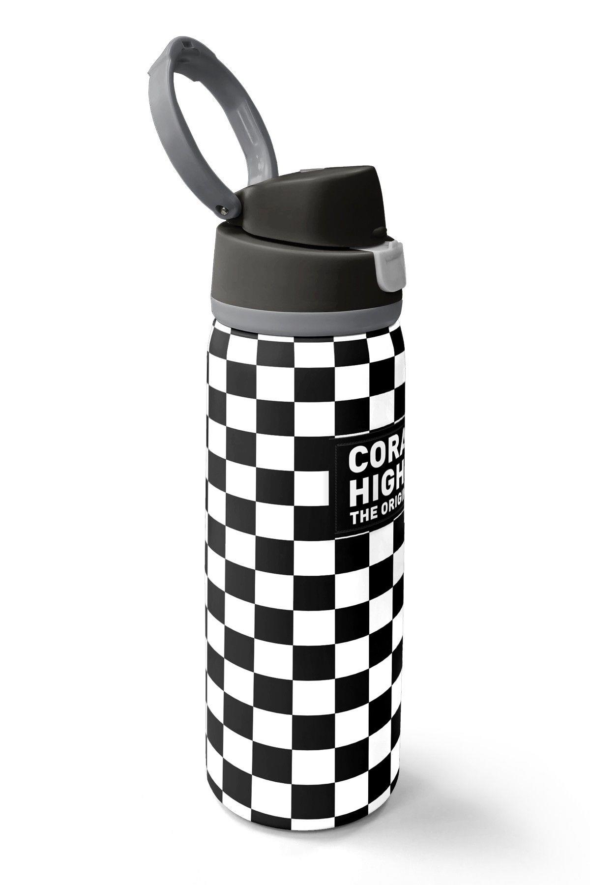 Coral High 800 ml Kız Çocuk Siyah Beyaz Dama Desenli Pipetli ve Direkt İçim Çelik Termos/Matara - 38538