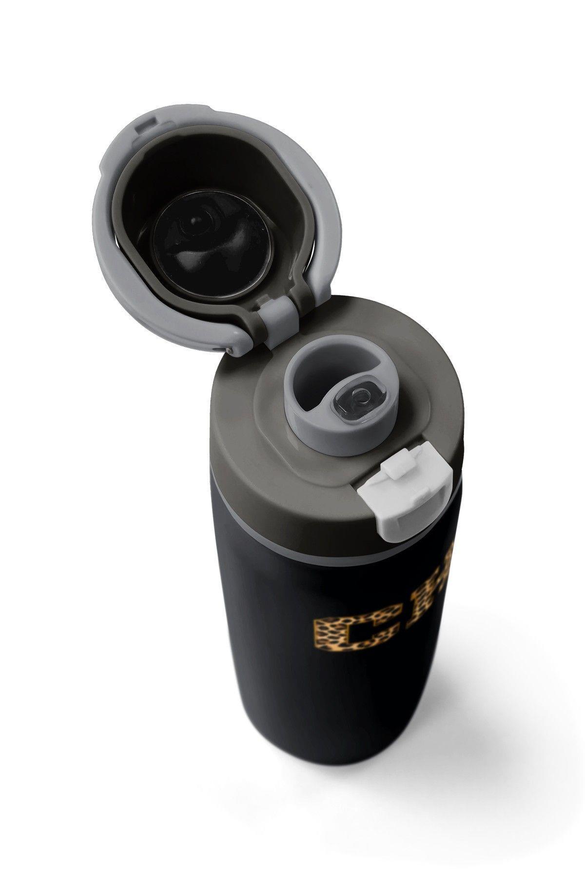 Coral High 800 ml Kız Çocuk Siyah Kahverengi Leopar CH Desenli Pipetli ve Direkt İçim Çelik Termos/Matara - 38506