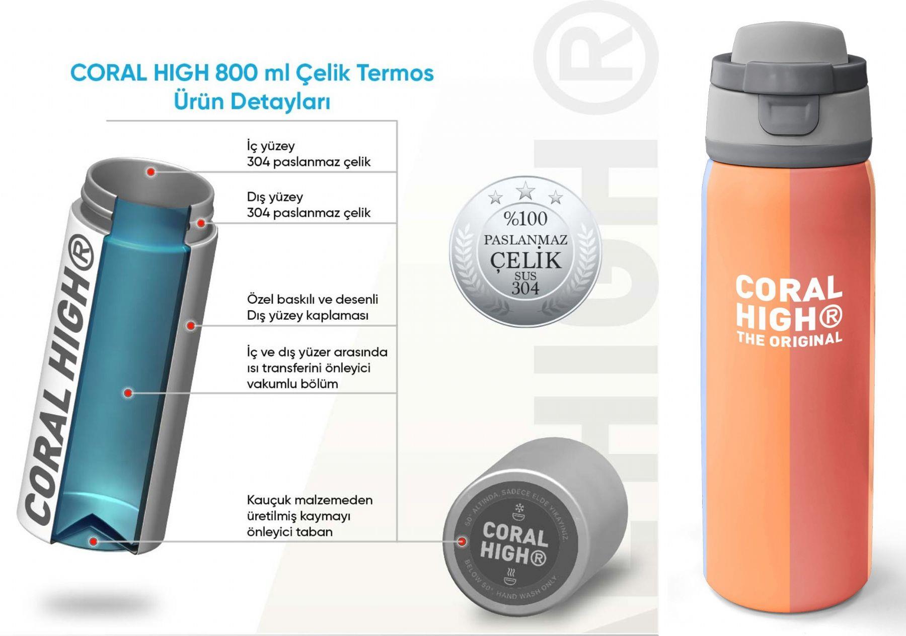Coral High 800 ml Kız Çocuk Turuncu Sarı Mavi Renkli Çizgili Pipetli ve Direkt İçim Çelik Termos/Matara - 38540