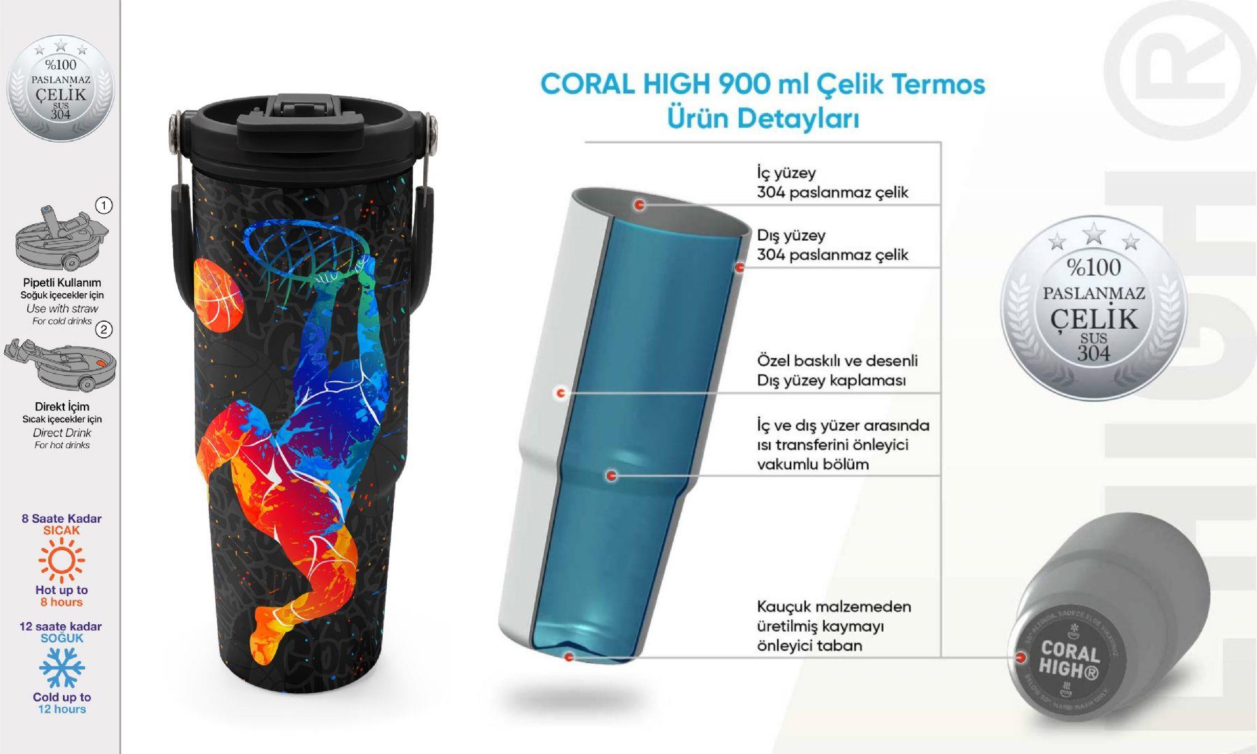 Coral High 900 ml Erkek Çocuk Gri Turuncu Basketbol Desenli Çelik Termos /Matara - 38712