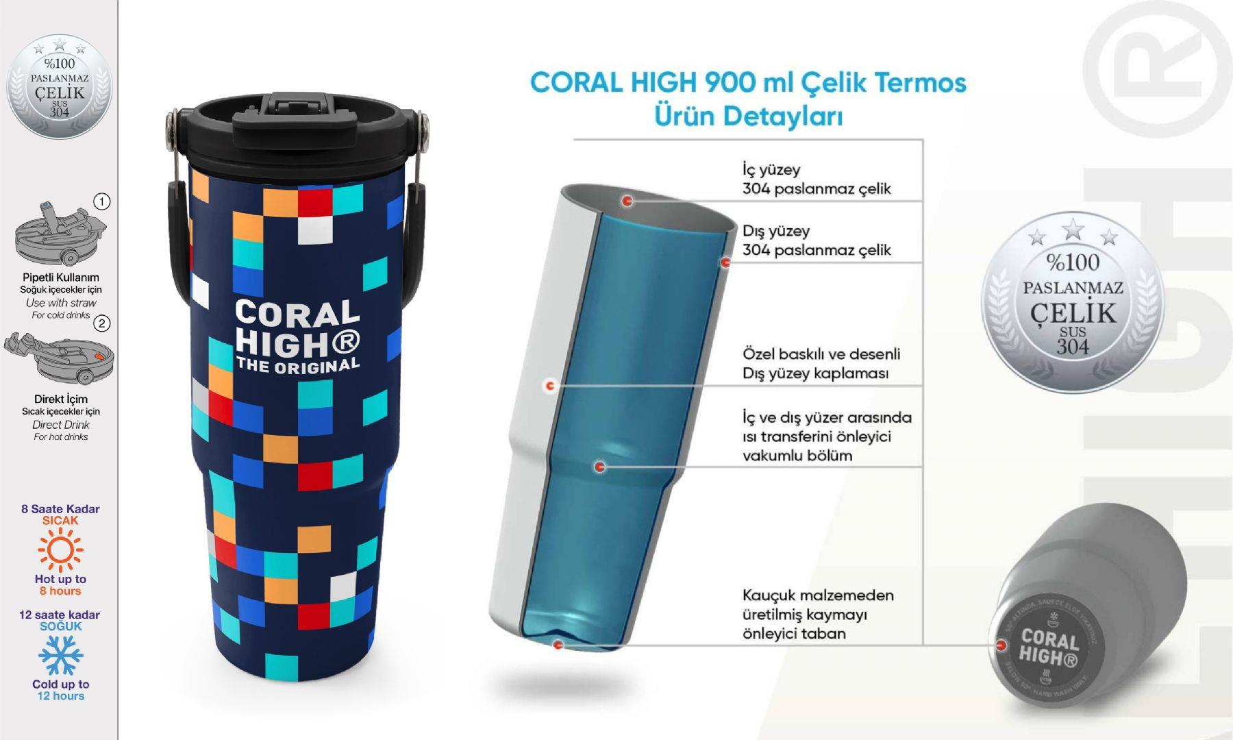 Coral High 900 ml Erkek Çocuk Lacivert Çok Renli Geometrik Desenler Çelik Termos /Matara - 38707