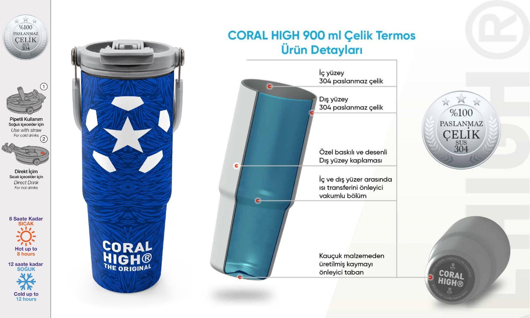 Coral High 900 ml Erkek Çocuk Lacivert Mavi Futbol Desenli Çelik Termos /Matara - 38721