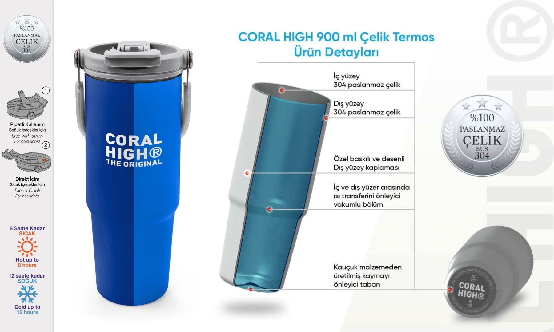 Coral High 900 ml Erkek Çocuk Lacivert Mavi Renk Geçişli Çizgili Çelik Termos /Matara - 38748
