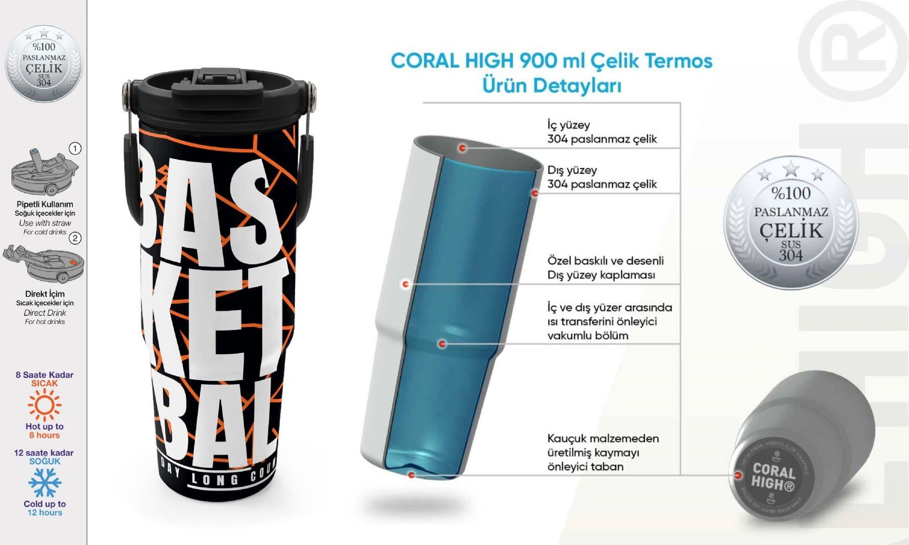 Coral High 900 ml Erkek Çocuk Siyah Basketbol Baskılı Çelik Termos /Matara - 38743