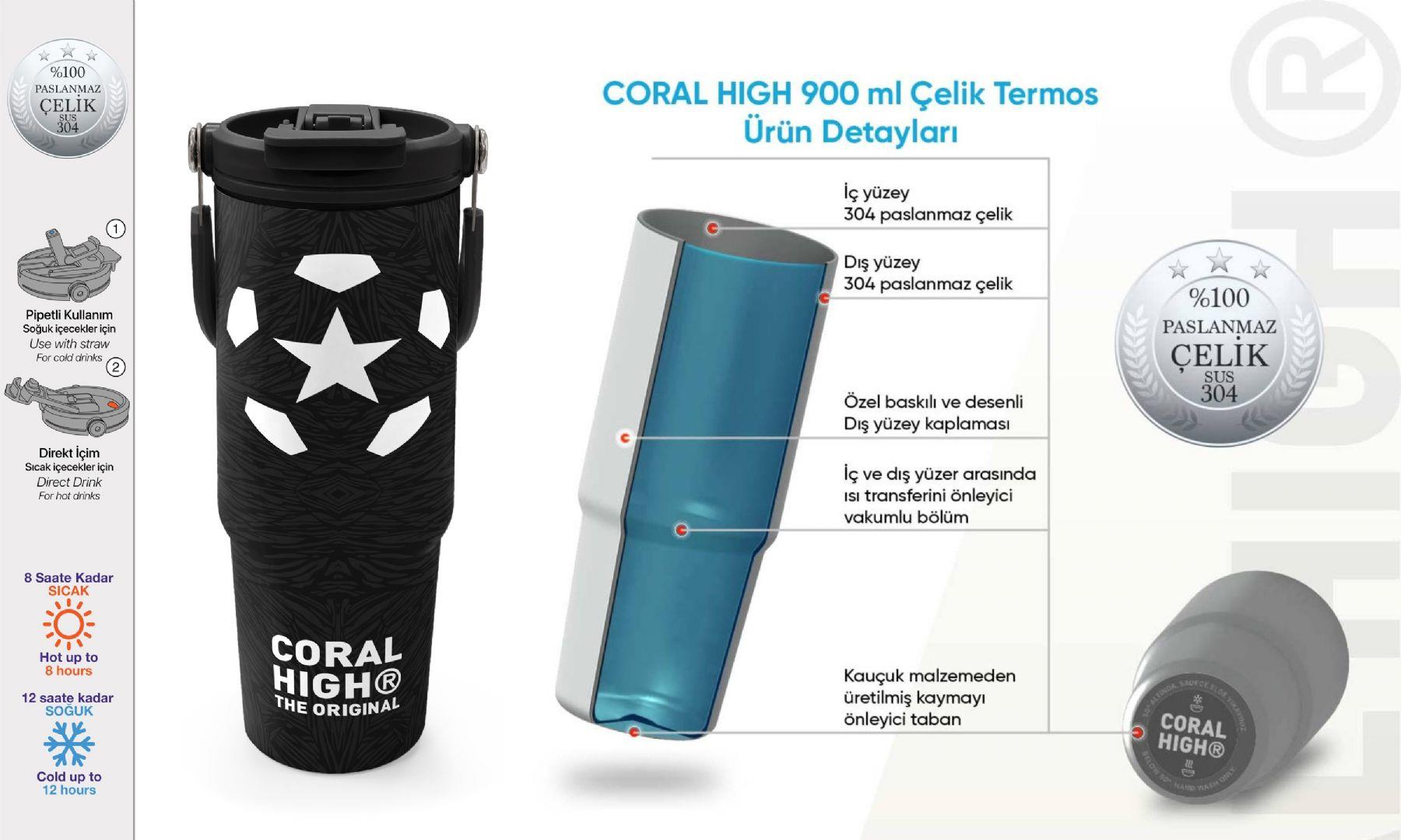 Coral High 900 ml Erkek Çocuk Siyah Beyaz Futbol Baskılı Çelik Termos /Matara - 38722