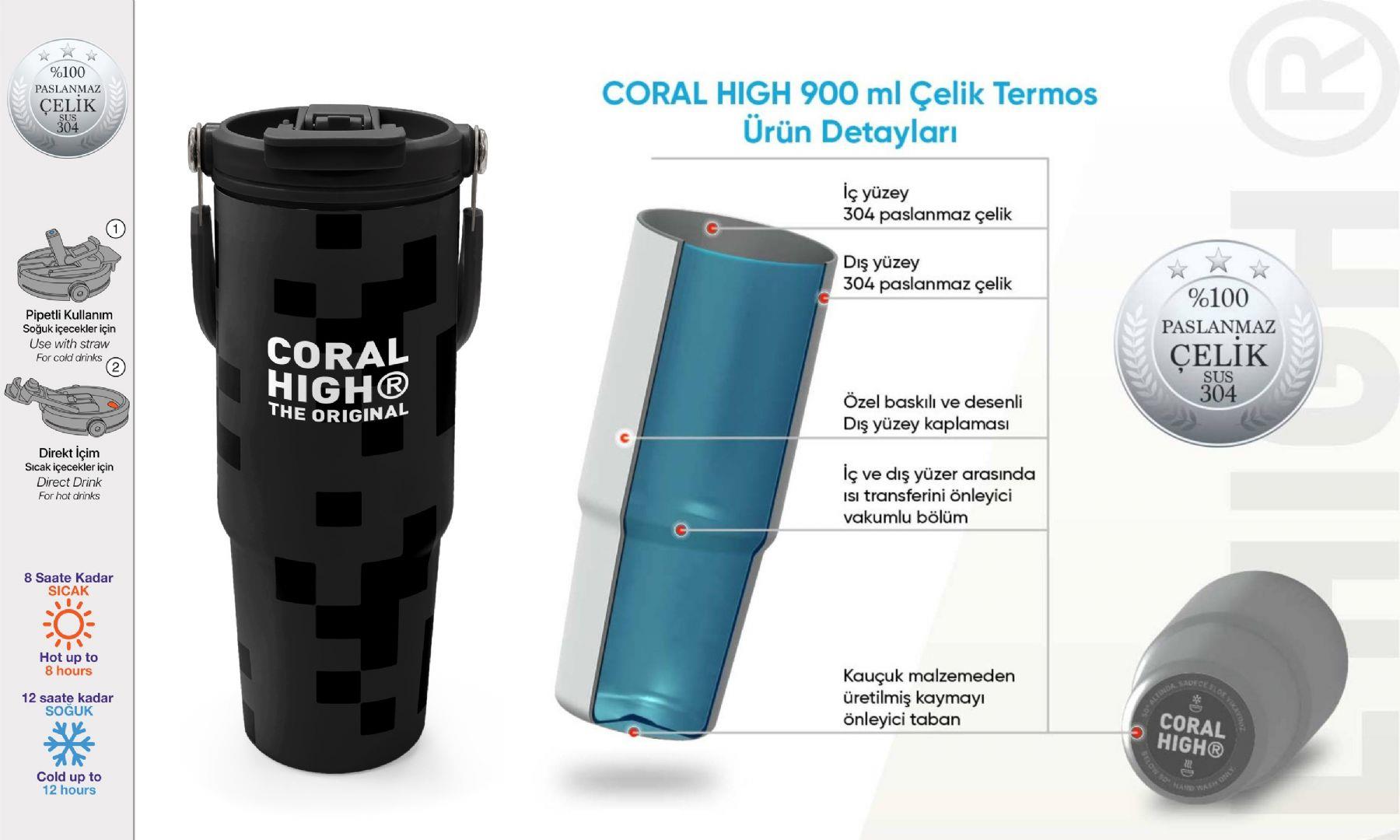 Coral High 900 ml Erkek Çocuk Siyah Blok Desenli Çelik Termos /Matara - 38720