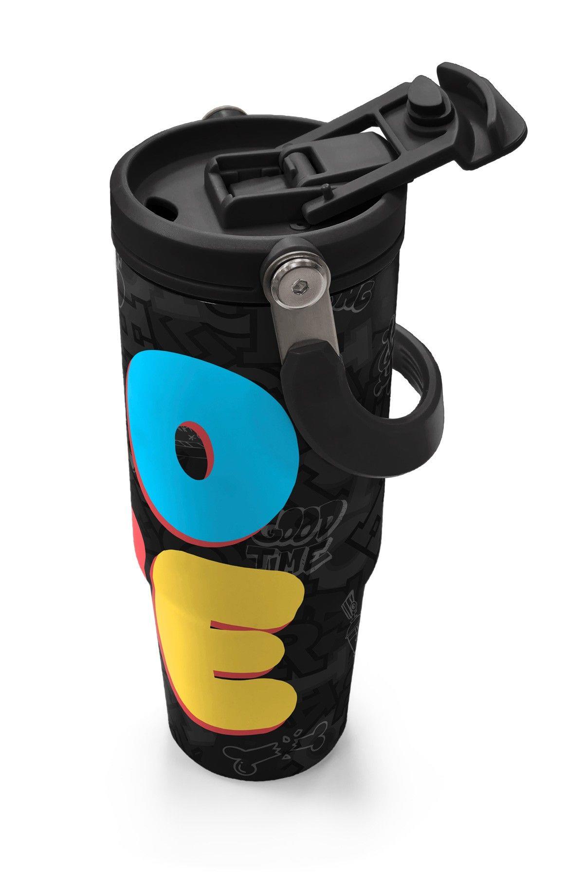 Coral High 900 ml Erkek Çocuk Siyah Çok Renkli Love Baskılı Çelik Termos /Matara - 38706