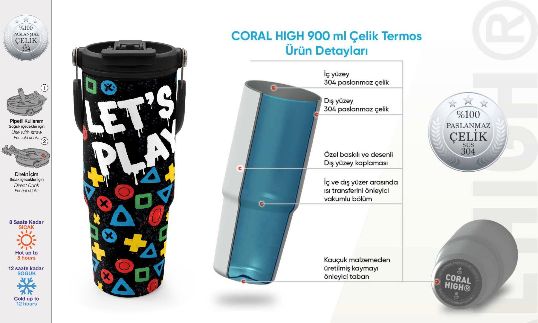 Coral High 900 ml Erkek Çocuk Siyah Çok Renkli Lets Play Baskılı Çelik Termos /Matara - 38728