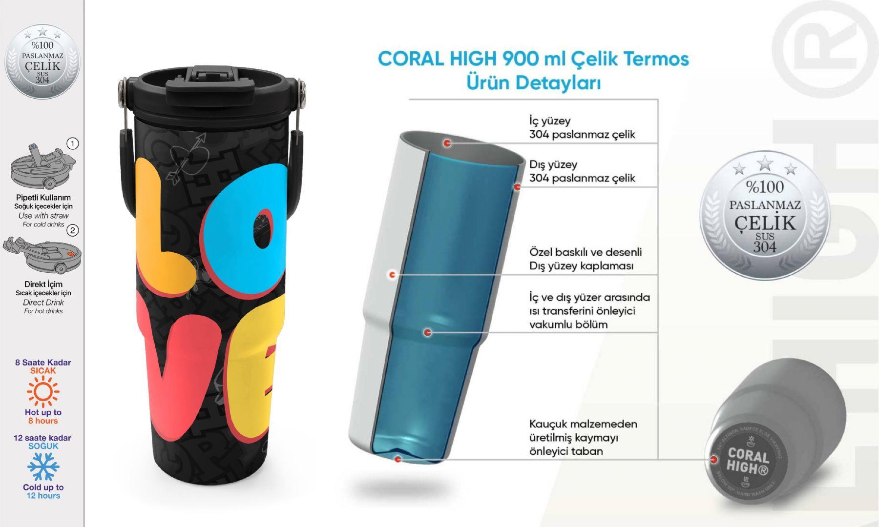 Coral High 900 ml Erkek Çocuk Siyah Çok Renkli Love Baskılı Çelik Termos /Matara - 38706